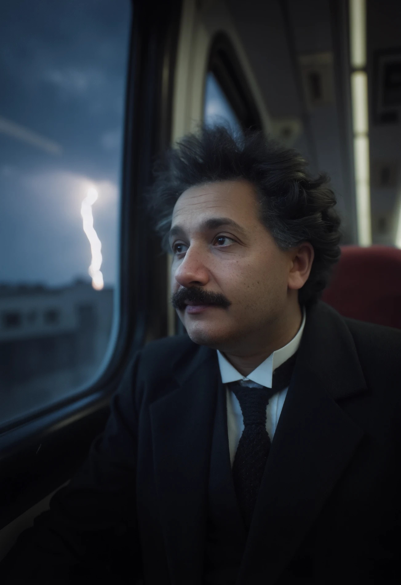 Digital Photo, young man, classical suit, he is riding the train, it's a very fast high speed train, through the window he sees a flash of lightning in the distance, dark skies, ambient light, he seems to be in deep thought, short dark curly hair, clean shaven but with a mustache, professional photography, amazing composition and image quality