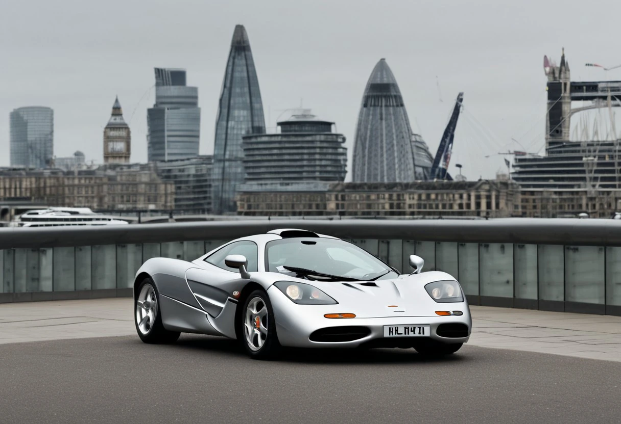 McLaren F1, silver, metallic finish, front quarter view, parked in front, London Bridge in the background