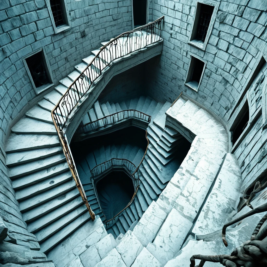 <lora:Doctor_Pollutions_Paranormal_Asylum_DX_-_Realistic_Pony_Photo:1>, docpollparan, stairwell, asylum, abandoned, staircase, from above, unreal engine, 4k, masterpiece, trending on artstation