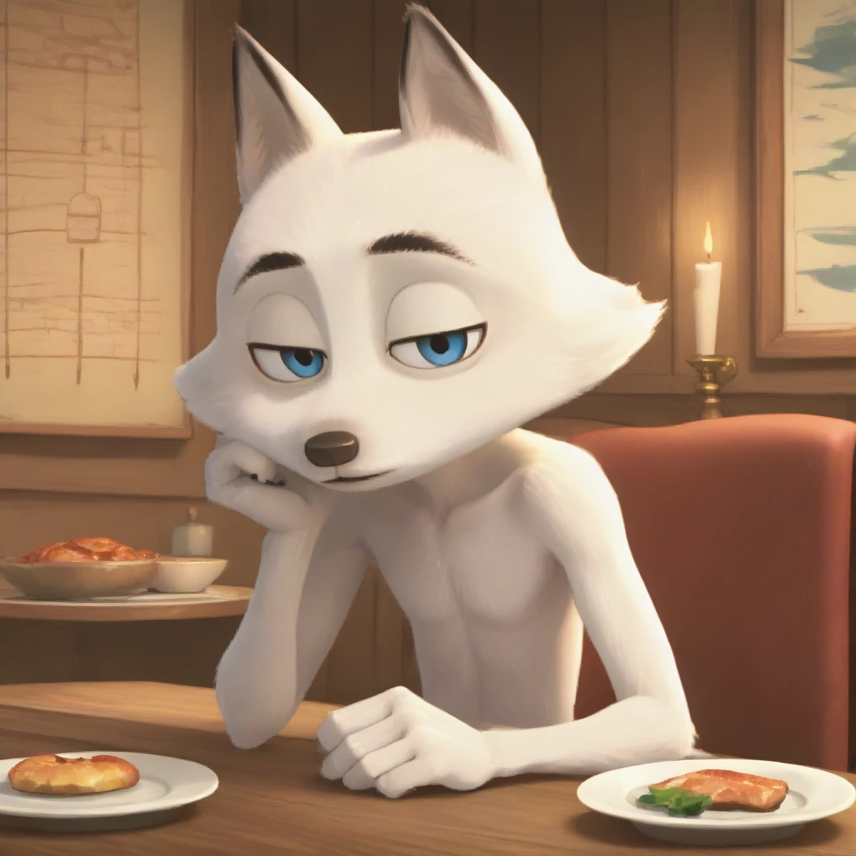 swifty, fox, male, source_anime, simple, no shirt, towel, sitting, tail, inside, candle, dinner table, looking at viewer, head down, half-closed eyes, plate, skinny, timid, resting head on hand, solo