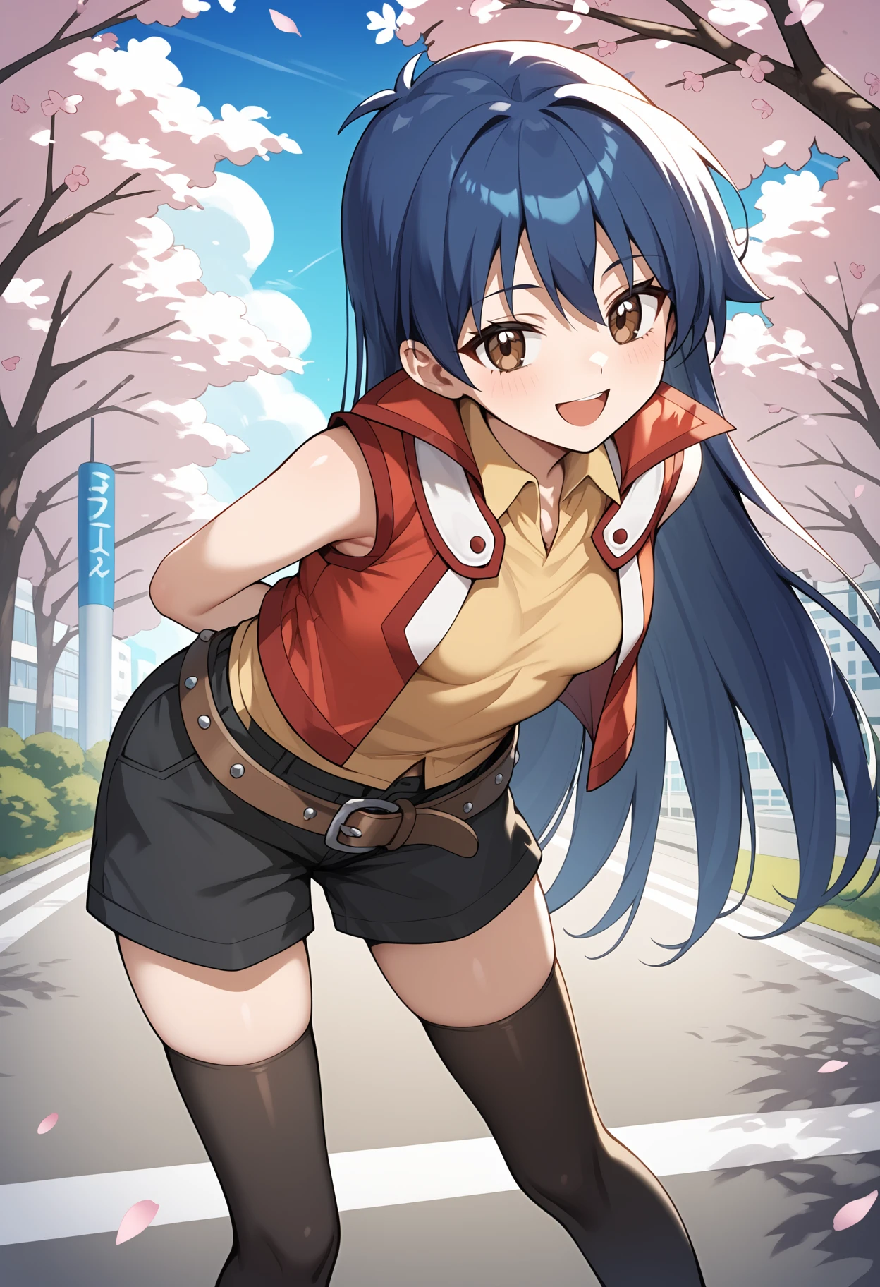 score_9, score_8_up, score_7_up, score_6_up, score_5_up, score_4_up, source_anime, aarei, long hair, blue hair, brown eyes, small breasts, collared shirt, yellow shirt, red jacket, sleeveless, belt, black shorts, black thighhighs, <lora:saotome_rei_ponyxl_v1:0.9>, arms behind back, leaning forward, standing, outdoors, open mouth, cherry blossoms, smile, city, road,