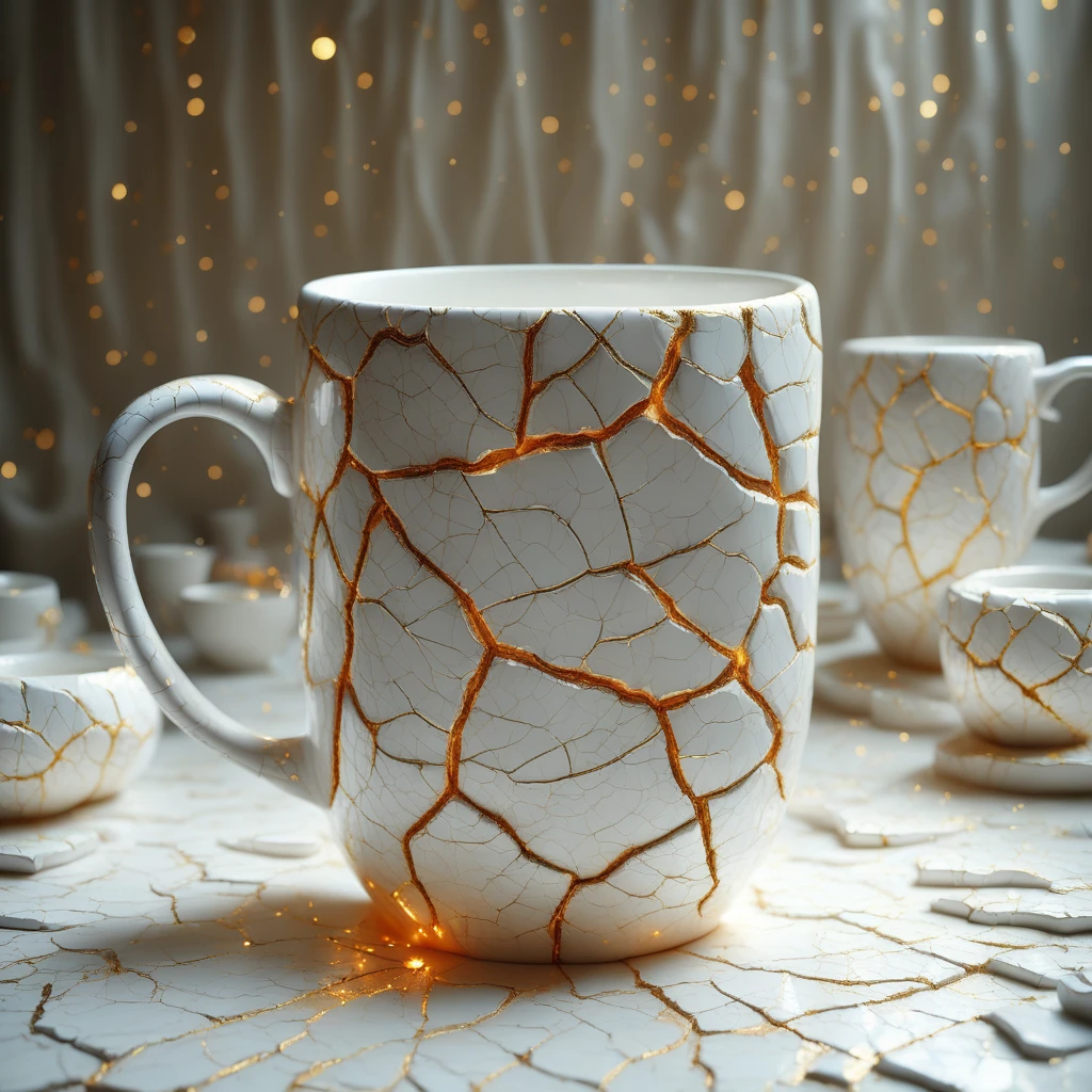 golden cracks on white, coffee mug