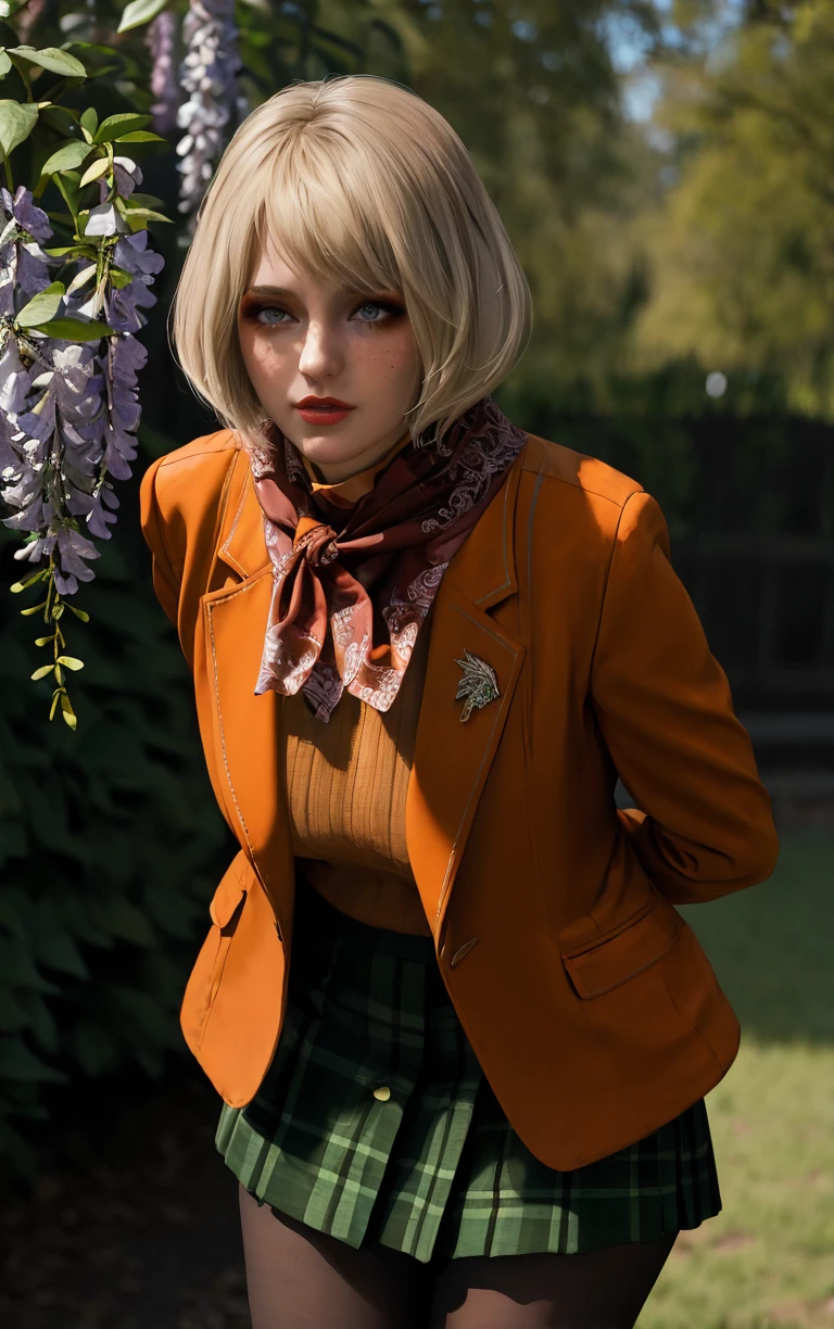 (masterpiece, best quality:1.4), insaneres, absurdres, solo, looking at viewer,BREAK 
MainOutfit_Ashley_ownwaifu,  
1girl, blue eyes, short hair, blonde hair, lips, freckles, jewelry, bob cut, necklace, nose, bangs, large breasts, red lips, eyelashes, lipstick, makeup, 
red scarf, brown coat, orange sweater, ribbed sweater, black pantyhose, plaid skirt, green skirt, miniskirt, pleated skirt, turtleneck, blazer, long sleeves, orange jacket, open coat,
(leaning forward, arms behind back), cowboy shot, garden, wisteria, outdoors, <lora:GAME_ResidentEvil4Remake_Ashley_ownwaifu:0.85> , depth of field