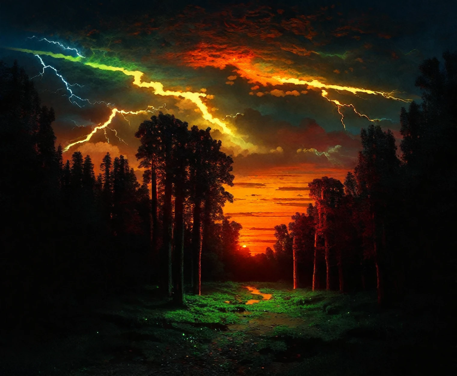 <lora:arkhip-kuindzhi_pony_v1:1> '  ' by kuindzhiarkhip in 1879, landscape \(genre\), impressionism \(style\), sunrise-and-sunset, forests-and-trees <lora:lthndrtrl_1:0.5> lightning and thunder,lighting trails, , lthndrtrl, vibrant, dynamic, score_9, score_6_up, score_7_up