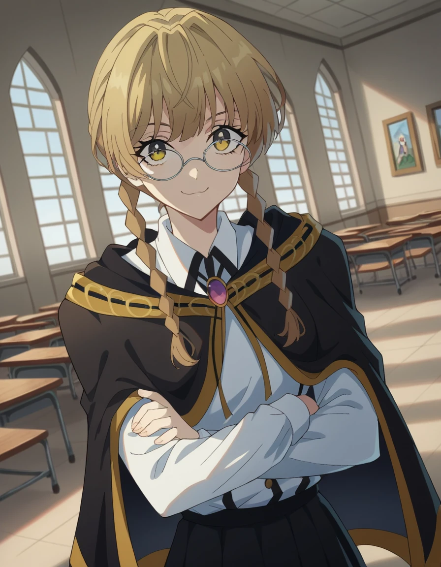 score_9, score_8_up, score_7_up, source_anime, <lora:iris-x-stellamaris-s1-ponyxl-lora-nochekaiser:1>, iris x stellamaris, long hair, blonde hair, brown hair, yellow eyes, braid, glasses, twin braids, round eyewear, medium breasts,, skirt, black skirt, school uniform, cape, gemstone, brooch, long sleeves, shirt, white shirt, collared shirt, museum, art exhibit, paintings, observing, quiet contemplation, cultural experience, smile, , crossed arms, smug, solo,, cowboy shot, dutch angle