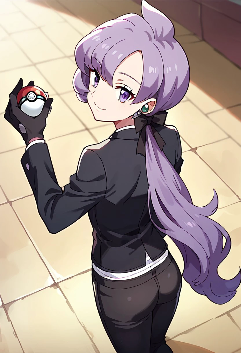 score_9,score_8_up,score_7_up,score_6_up,score_5_up,score_4_up,1girl, anabel, , black gloves, black jacket, black pants, black ribbon, closed mouth, cowboy shot, dutch angle, earrings, eyebrows behind hair, gloves, hair ribbon, holding, holding poke ball, jacket, jewelry, long hair, long sleeves, looking at viewer, looking back, low ponytail, pants, pantylines, poke ball, purple hair, ribbon, smile, solo, very long hair, violet eyes, from above,look up, anime screencap,
