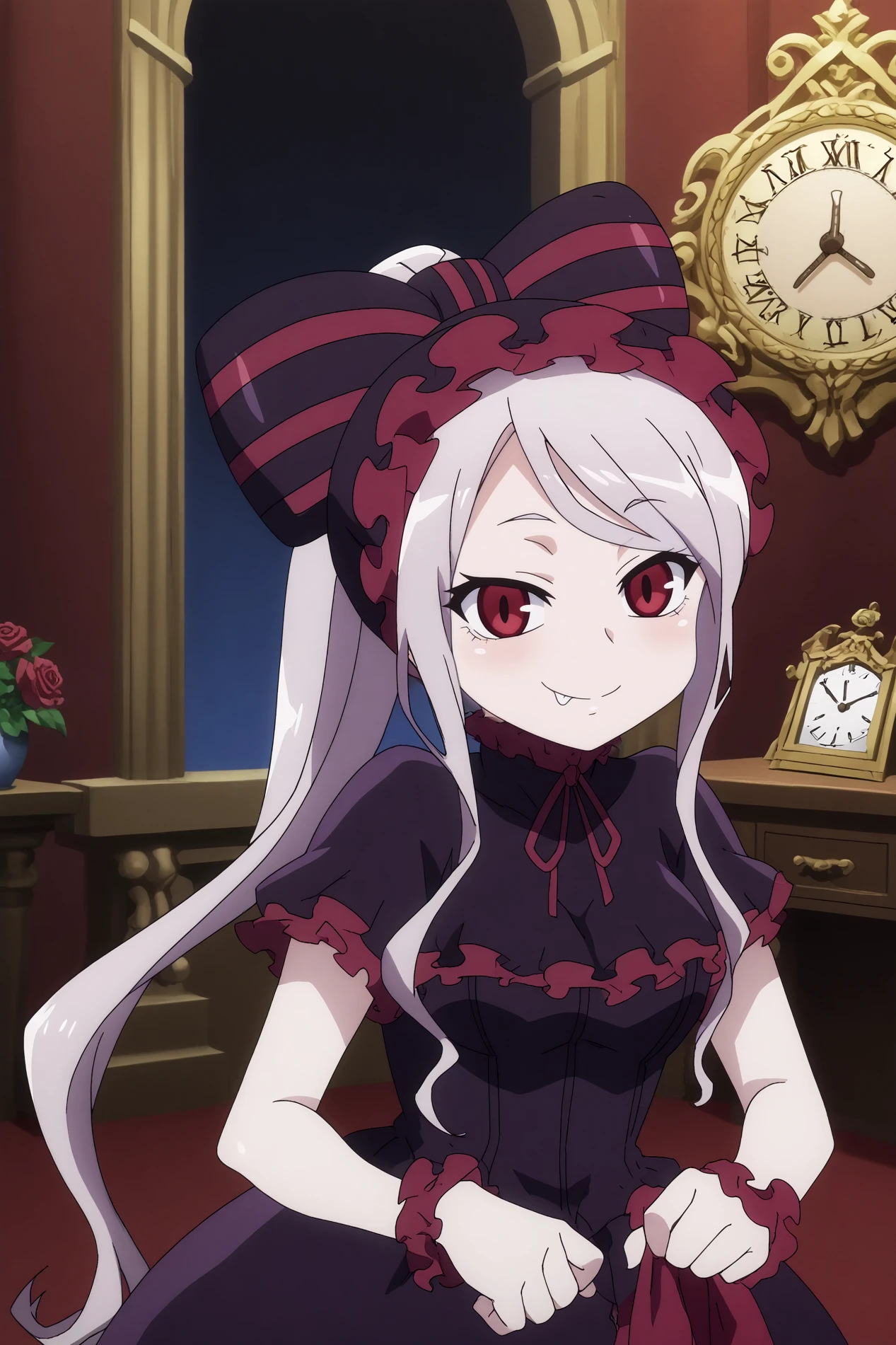 1girl,solo,shalltear bloodfallen,long hair,frills,dress,pale skin,bow,vampire,ponytail,fang out,split pupils,looking at viewer,indoors,gothic castle,dark,clock,chandelier,decoration,roses,upper body,smile,good_hands 
<lora:Shalltear_Bloodfallen_-_OverLord:0.8>