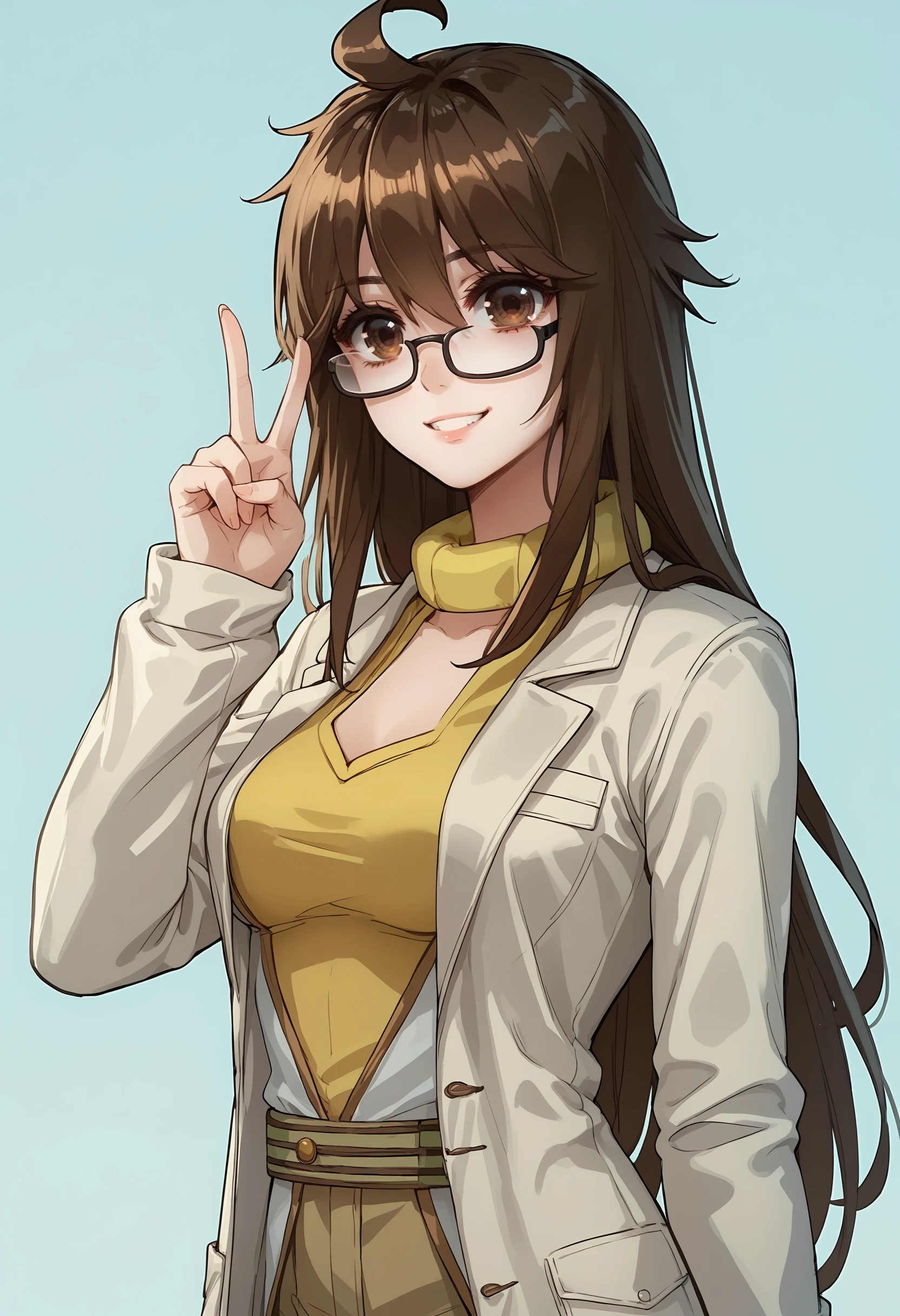 score_9, score_8_up, score_7_up, score_6_up, score_5_up, score_4_up, 1girl, <lora:JuZiSL2:0.85>  solo, brown hair, bangs, long hair, brown eyes, breasts, glasses, black-framed eyewear, labcoat, sweater, ahoge, smile, v sign, 
light blue background, simple background,