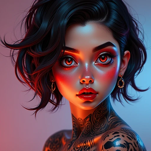 This is a highly detailed, digital illustration of a young female heroine_lady-marinette by (bmx),  with an anime-inspired style. The subject is depicted from the chest up, focusing on her striking facial features and intricate tattoos. She has porcelain skin with a slight blush on her cheeks, giving her a youthful, innocent appearance. Her large, expressive eyes are an intense shade of red, with long, thick lashes and a piercing look that dominates her face. Her short, wavy black hair is styled to frame her face and features a subtle gradient of dark blue and purple highlights, anime, any, (bmx-style)