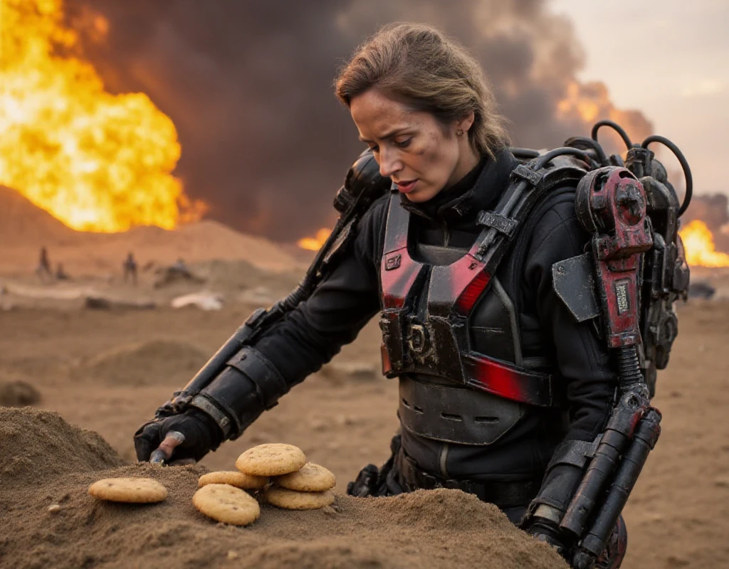 Rita Vrataski wears an exoskeleton armor and is baking cookies on a battlefield. Explosions in the background<lora:Rita_Vrataski:0.9>