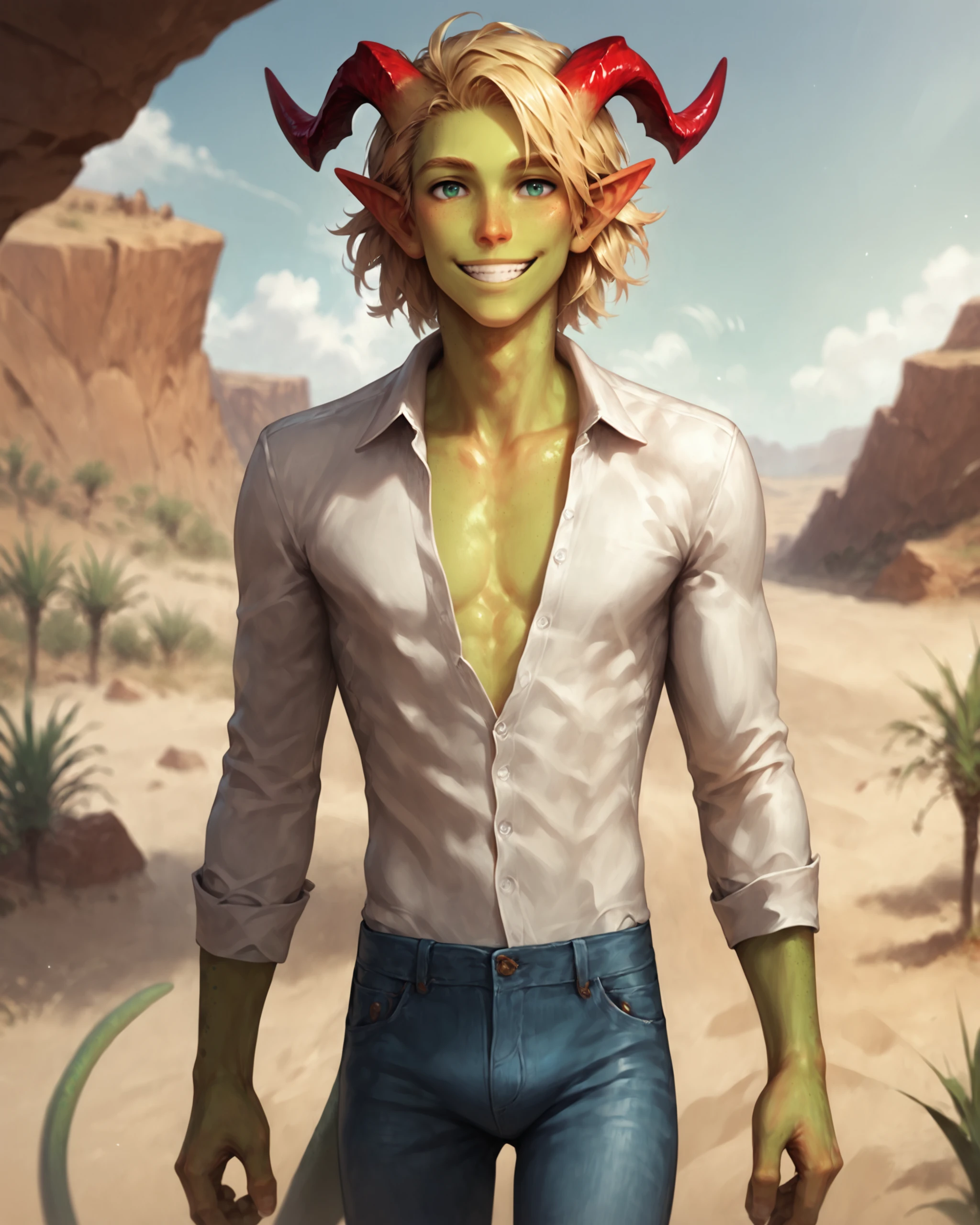 score_9, score_8_up, score_7_up, rating_questionable, intricately detailed,
<lora:Solmyr:0.8>
,
1boy(Solmyr, male, green skin, red horns, jeans, white buttoned shirt with long sleeves, looking at the viewer, smiling, cowboy shot, looking at the viewer, solo), exploring a dry desert, depth of field, detailed background,
<lora:xl_more_art-full_v1:0.3>,
<lora:add-detail-xl:0.3>,