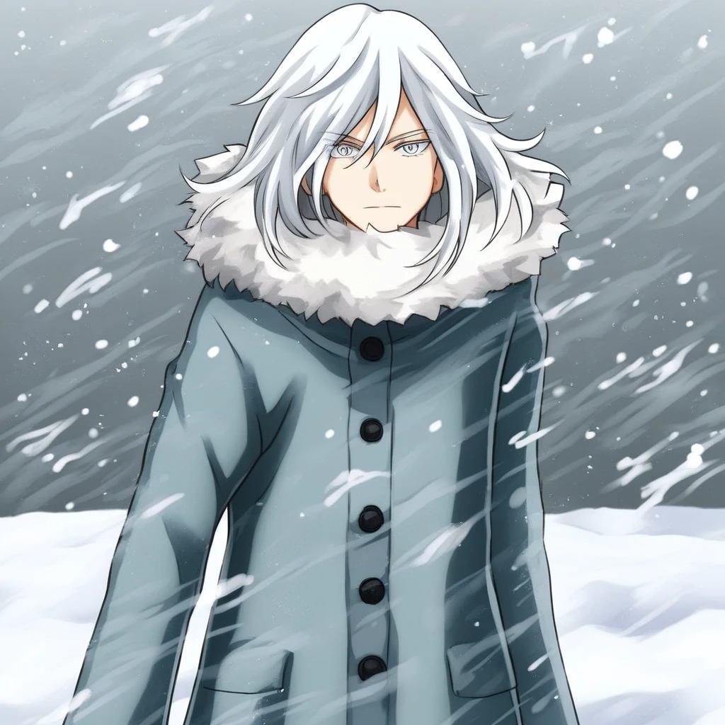 (masterpiece), 1boy, solo, Geten, white hair, grey eyes, coat, hood, fur trim, looking at viewer, snow