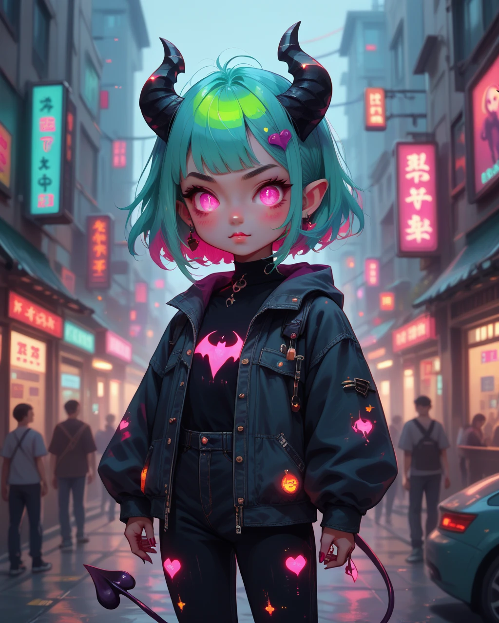 (score_9,score_8_up,score_7_up,score_6_up), 1girl, demon, demon tail, demon horn, succubus, <lora:NeoNiKawaiiCS:0.8> kawaii cyberpunk, kawaii cyberpunk style, vibrant, pastel color palette, dynamic hair design, kawaii clothing style, tech-inspired accessories, glowing effects, kawaii aesthetic, chibi aesthetic, whimsical floating objects, popping visual effects, fantasy elements, detailed accessories