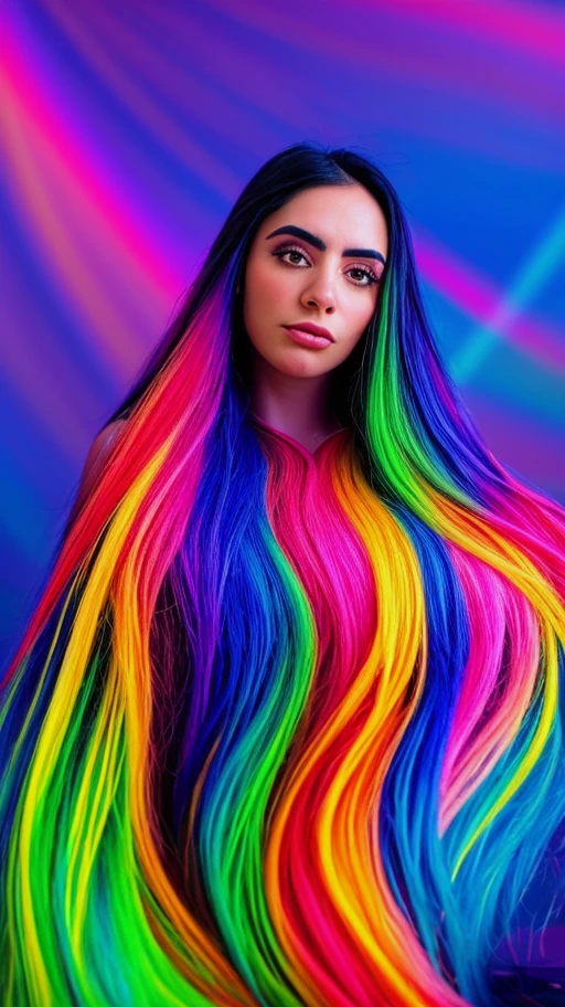 Extreme realism in a complex, highly detailed composition featuring a woman with extremely long flowing rainbow-colored hair. The glowing background, with its vibrant colors, exaggerated details, intricate textures, and dynamic lighting, creates a whimsical, dreamy atmosphere in photorealistic quality., <lora:amarantavp_proyect:1> my 18yo cute teen girlfriend (amarantavp), black_hair,