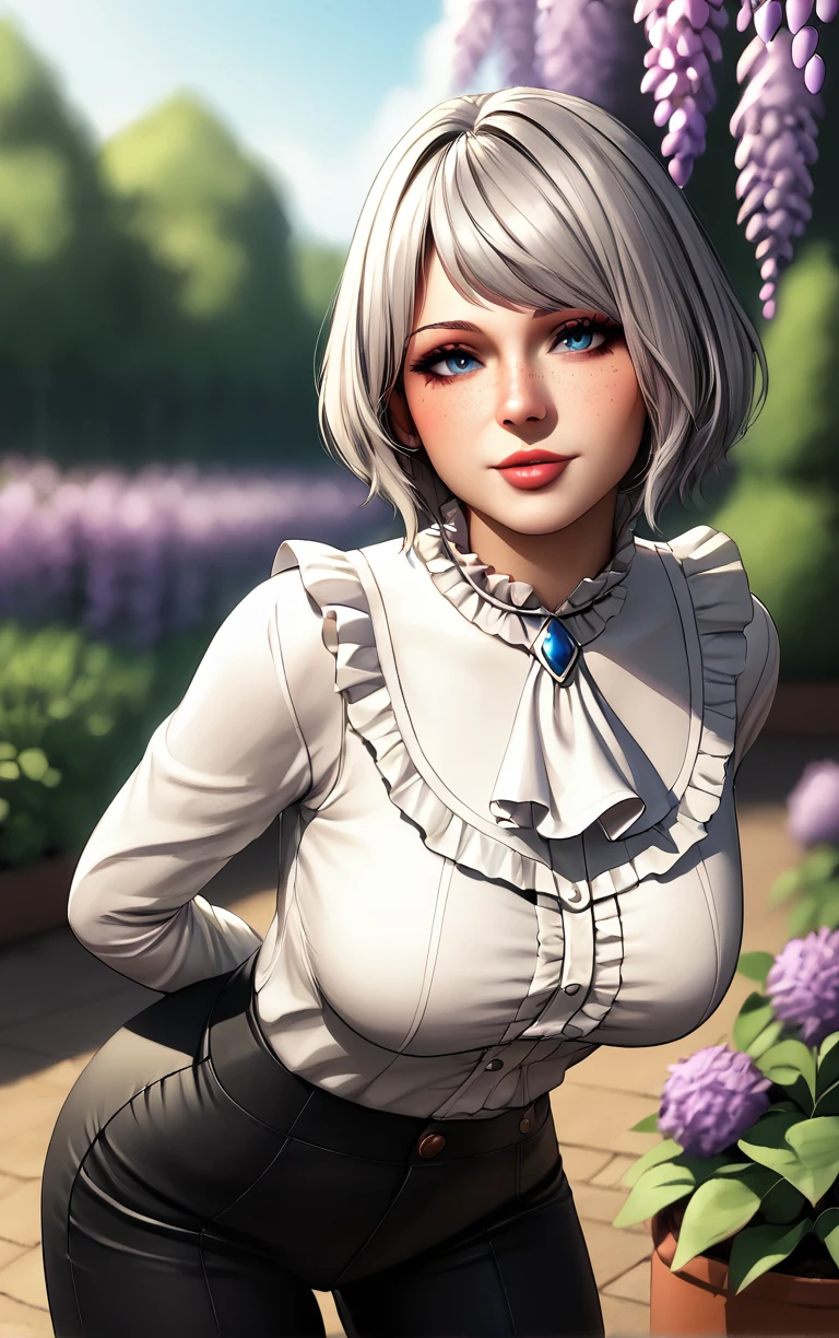 score_9, score_8_up, score_7_up, masterpiece, best quality, absurdres,  solo, BREAK
FrillWhiteShirt_Ashley_ownwaifu, 
1girl, blue eyes, short hair, grey hair, white hair, breasts, jewelry, lips, freckles, makeup,
white shirt, long sleeves, frills, black pants,  high-waist pants, ascot, blouse, floral print, frilled shirt, frilled shirt collar, shirt tucked in, frilled sleeves, lace,
(leaning forward, arms behind back), cowboy shot, garden, wisteria, outdoors, <lora:PONYXL_ResidentEvil4Remake_Ashley_Mods_ownwaifu:0.85> , depth of field