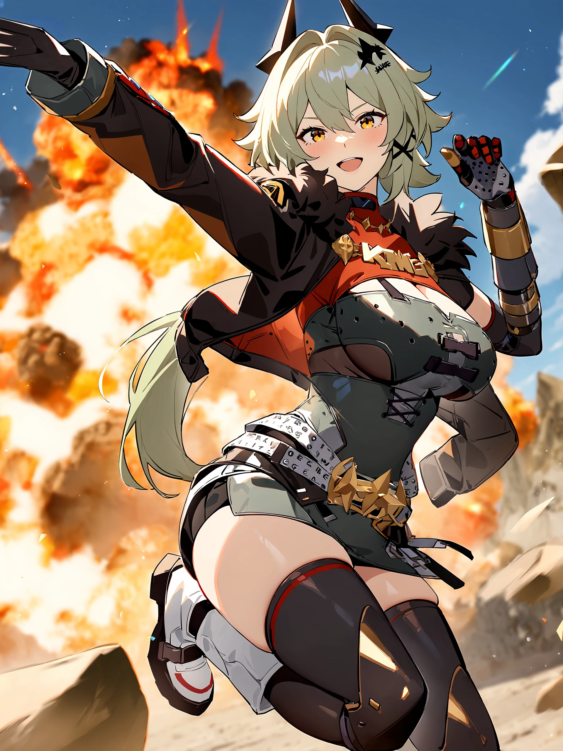 1girl, caesar king \(zenless zone zero\), horns, x hair ornament, hairclip, turtleneck sweater, mechanical arms, pencil dress, fur-trimmed jacket, arm out of sleeveknee pads, ankle boots, looking at viewer, smile, open mouth, full body, arms up, jumping, midair, fire, explosion, depth of field <lora:Char-ZZZ-Caesar-XL-V1:0.9>, masterpiece, best quality, very aesthetic, ray tracing, newest,(hitenkei, askzy:0.5)