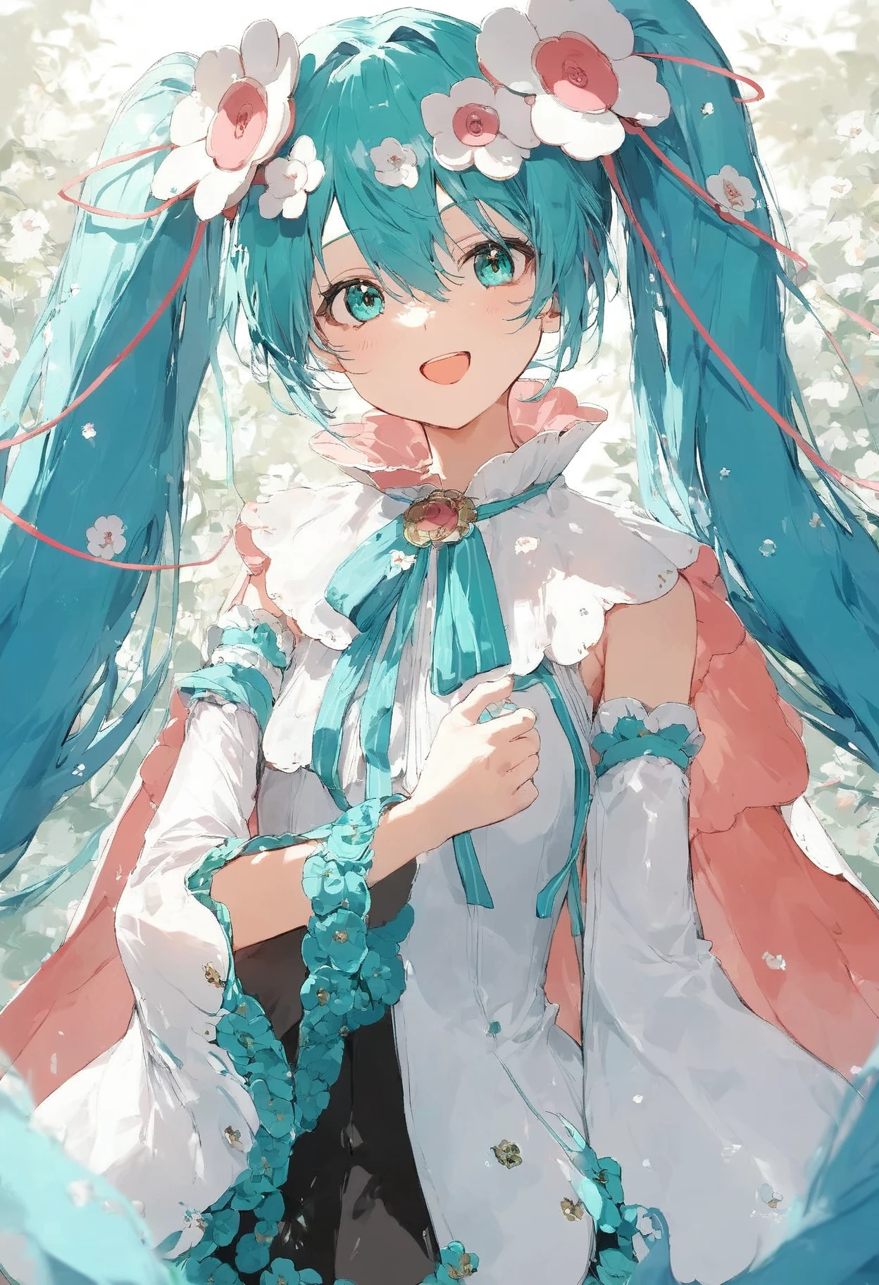 score_9,score_8_up,score_7_up,,source_anime BREAK, upper body , 1girl, solo,looking at viewer,, MHM21, hatsune miku, hair ornament, flower, twintails, magical mirai miku, long hair, hair flower, detached sleeves, open mouth, aqua hair, smile, very long hair,  wide sleeves, medallion, white sleeves, aqua ribbon, aqua eyes, cape, hair between eyes, white flower<lora:ãã¸ã«ã«ãã©ã¤2021:1>