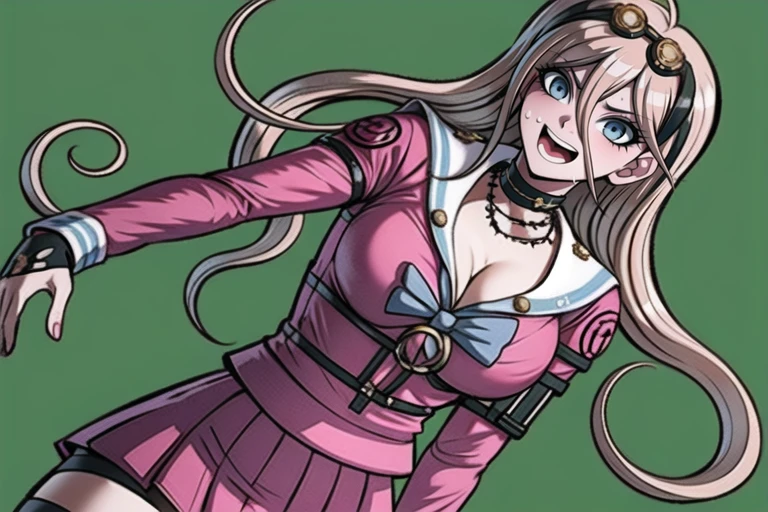 (best quality, masterpiece, colorful, highest detailed), (intricate details, hyperdetailed:1.15), detailed,  (official art, extreme detailed, highest detailed), solo,    danganronpa the animation style, danganronpa the animation, screencap from danganronpa the animation, anime ,    <lora:Miu_Iruma_SD15:1>, Miu Iruma, Danganronpa V3, 1girl, cleavage, chest uncovered, brown goggles, gold accents, ice-blue eyes, strawberry blonde hair, two short locks of hair sticking up, long wispy bangs, black choker, two rubber collars like barbed wire, black fingerless gloves, silver studs, Niko Niko Happy mouse mascot pin, black straps, gold studs, left upper arm, black straps, gold studs, gold links, dark pink seifuku uniform, white sailor collar, single faded pale blue line, faded pale blue bow, dark pink pleated skirt ,   (((shoulder length hair))), danganronpa, A student with exceptional investigative skills takes the lead in solving the gruesome murders within the school.