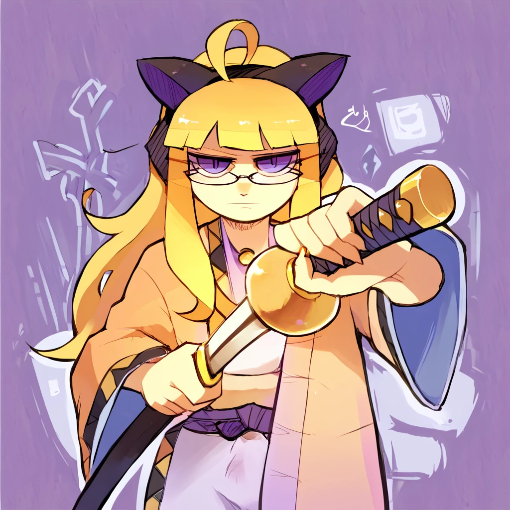 score_8_up
 <lora:BNova:1> bn0va, 1girl, solo, blonde hair, ahoge, long hair, glasses, purple eyes, japanese clothes, cat ears
 <lora:KagurabachiPose_XLPD:1> IncrsUnsheathingAKatanaMeme, sheath, holding sheath