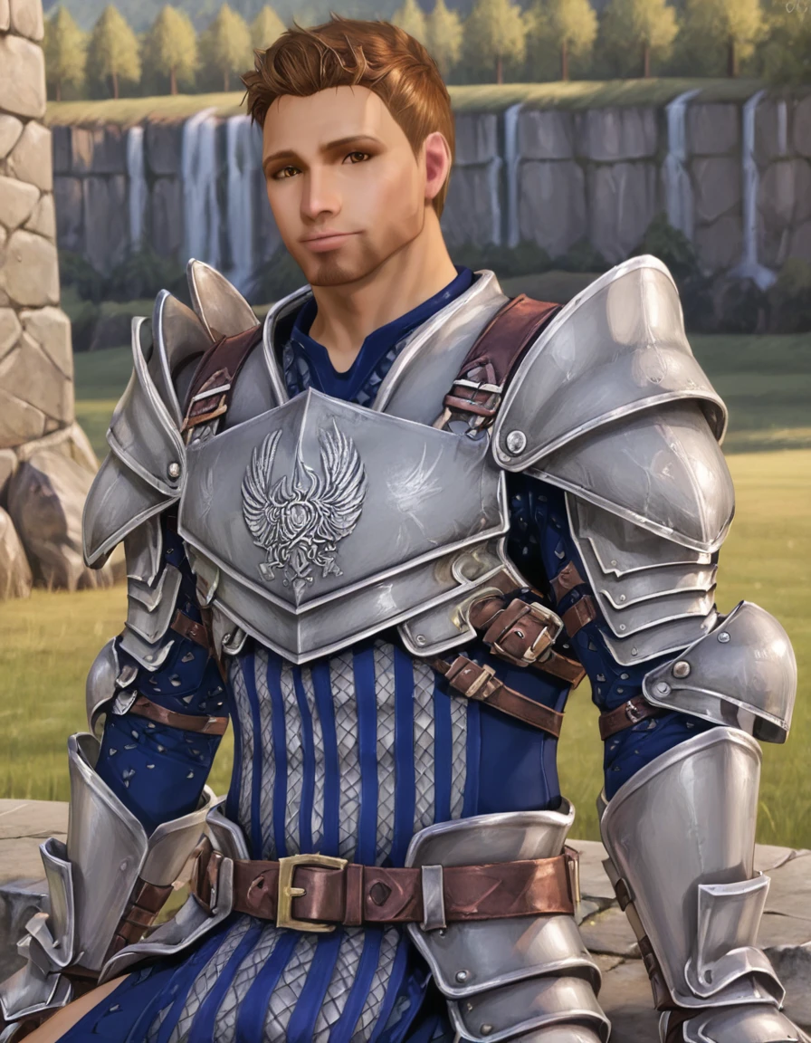 high quality, realistic, masterpiece, fantasy background
BREAK <lora:Dragon Age - Alistair Theirin - (Pony)_epoch_7:1>, (da_alistair, male, brown eyes, facial hair, warden armor, warden gauntlets), looking at viewer, full body, close-up, sitting on stone wall