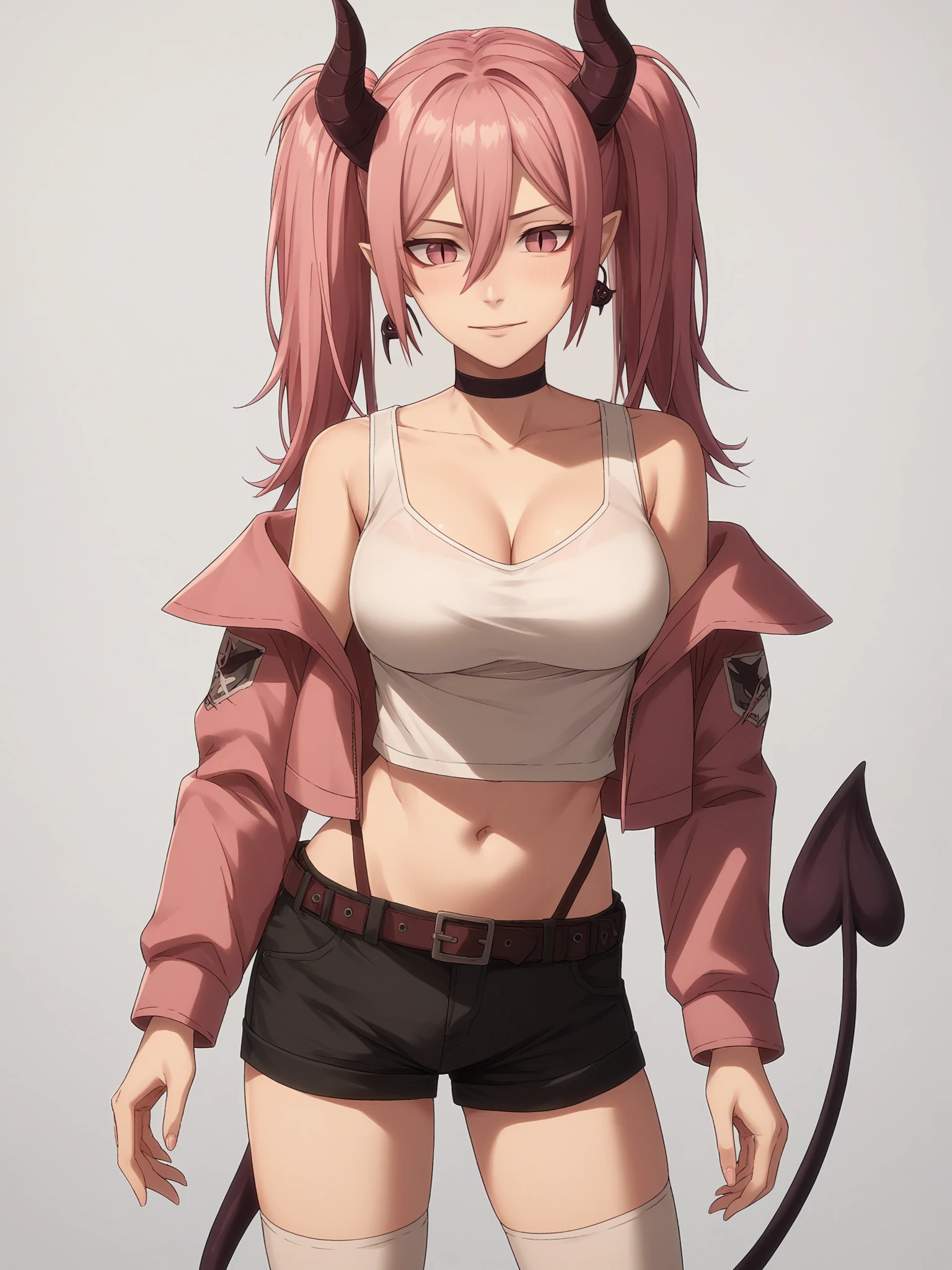 score_9, score_8_up, score_7_up, score_6_up, score_5_up,
1girl, solo, breasts, tail, pink_hair, horns, demon_tail, shorts, jacket, twintails, large_breasts, smile, looking_at_viewer, long_hair, navel, choker, black_background, pink_eyes, short_shorts, belt, demon_girl, pink_jacket, demon_horns, simple_background, tank_top, open_jacket, cleavage, black_shorts, open_clothes, thighhighs, off_shoulder, bare_shoulders, closed_mouth, head_tilt, hair_between_eyes, cowboy_shot, jewelry, micro_shorts, collarbone, black_choker, white_thighhighs, crop_top, bangs, earrings, clothes_writing, shirt, midriff, standing, see-through, contrapposto, long_sleeves
 <lora:Attack_On_Titan:1>