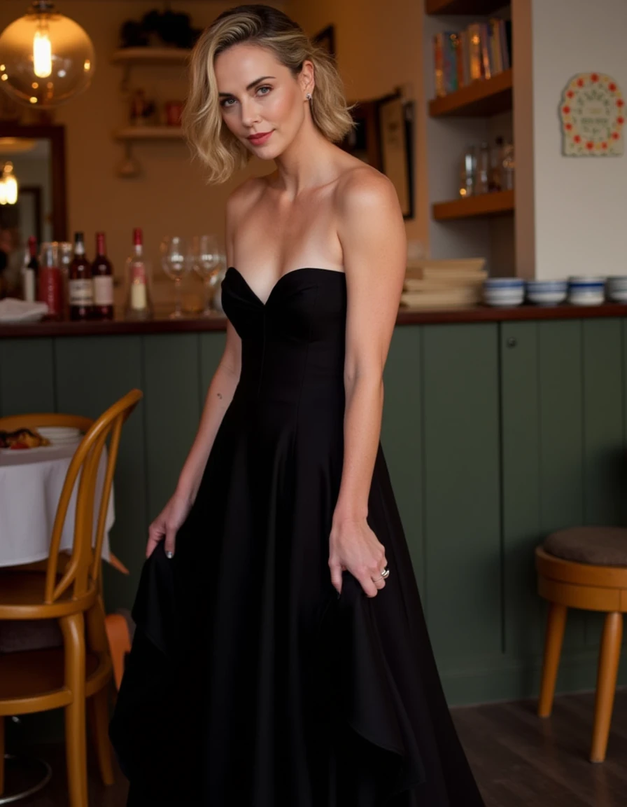 <lora:Charlize_Theron_Flux:1> with short, natural makeup style featuring a soft pink lipstick and a light, styled in a tousled, likely in her mid-40s, . The gown is black and fitted at the waist and flares out into a flowing skirt. In a cafe.