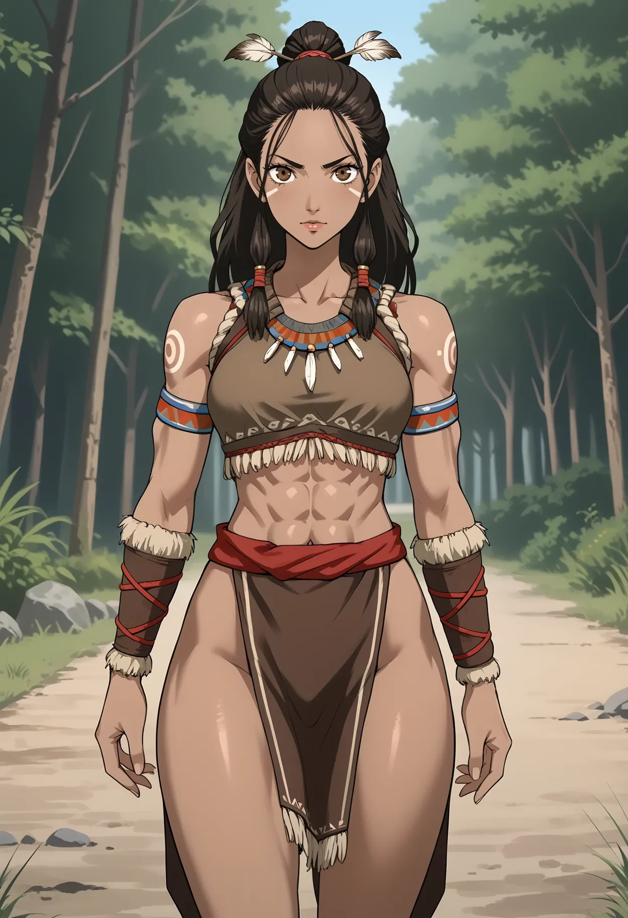 best quality, masterpiece, best shadows, black and orange hair, dark skin,,standing, full body, big breast, musclegirl, barbarian revealing cloths, , smile,#fashion design #warrior #woman #armor #clothing Trigger Words: barbarian_woman armor, smile open mouth