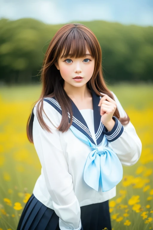 ltra-detailed,highly detailed,best quality,masterpiece,illustration, drawing, realistic, photorealistic,
1girl, solo,
akebi, school uniform, serafuku, sailor collar, long sleeves, pleated skirt, blue neckerchief,
long hair, bangs,
looking at viewer, standing, upper body,
outdoors, field, day, blurry background, nature, sky, grass, wind, scenery, river, water, riverbank,
<lora:akebi_v1_06:1.0>
