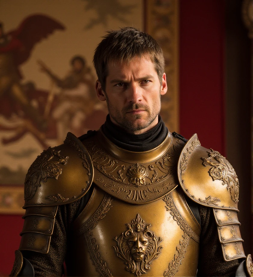 bokeh,  outdoor,  <lora:jaime-lannister-flux-j3mil4:1> j3mil4 in a gleaming golden armor, with a helmet shaped like a lion's head, standing in the hall of the Red Keep, surrounded by tapestries depicting historical battles.