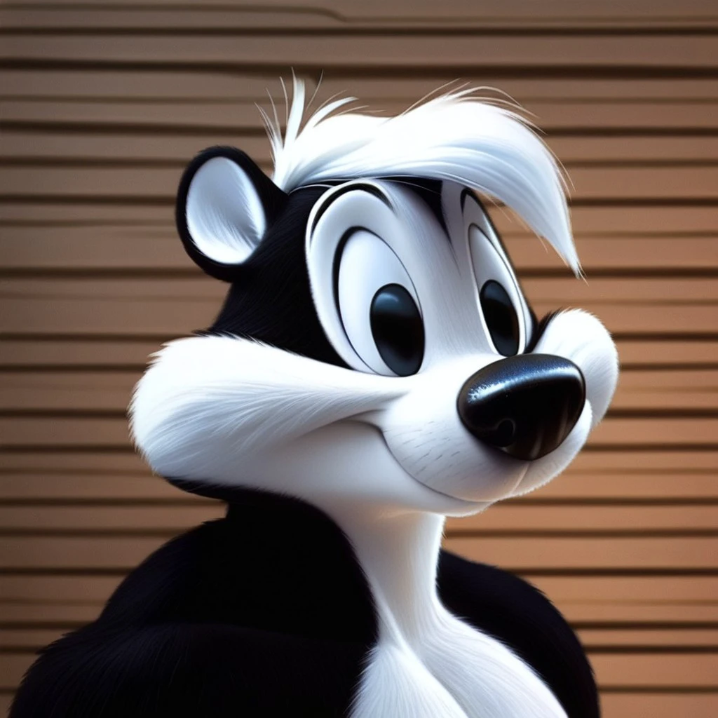 score_9, score_8_up, score_7_up, score_6_up, score_5_up, score_4_up, score_4, detailed face, detailed eyes, detailed fur, furry futanari, nature background, cabin background, detailed background, solo, headshot
BREAK
PituLePew, skunk, cartoon skunk, anthropomorphic skunk, furry male, male focus, black fur, white face, white chest, white stomach, shortstack, muscular, muscles, white hair, hair covering eyes, black nose, big nose, large tail, skunk tail, footpaws, black eyes
BREAK
<lora:add-detail-xl:1.0>