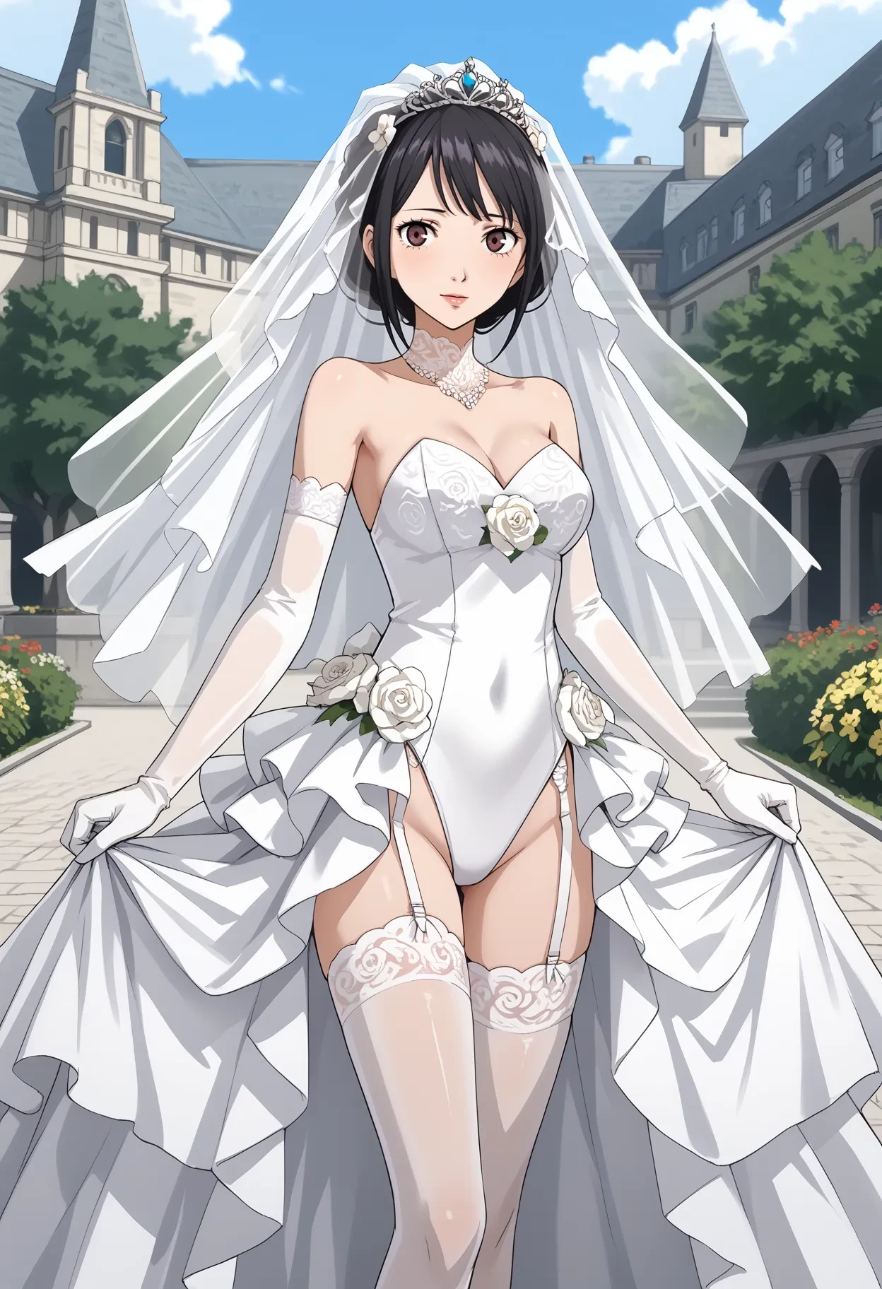 outdoors, 1girl, solo, looking at viewer, bridal, wedding dress, bridal veil, tiara, (leotard),