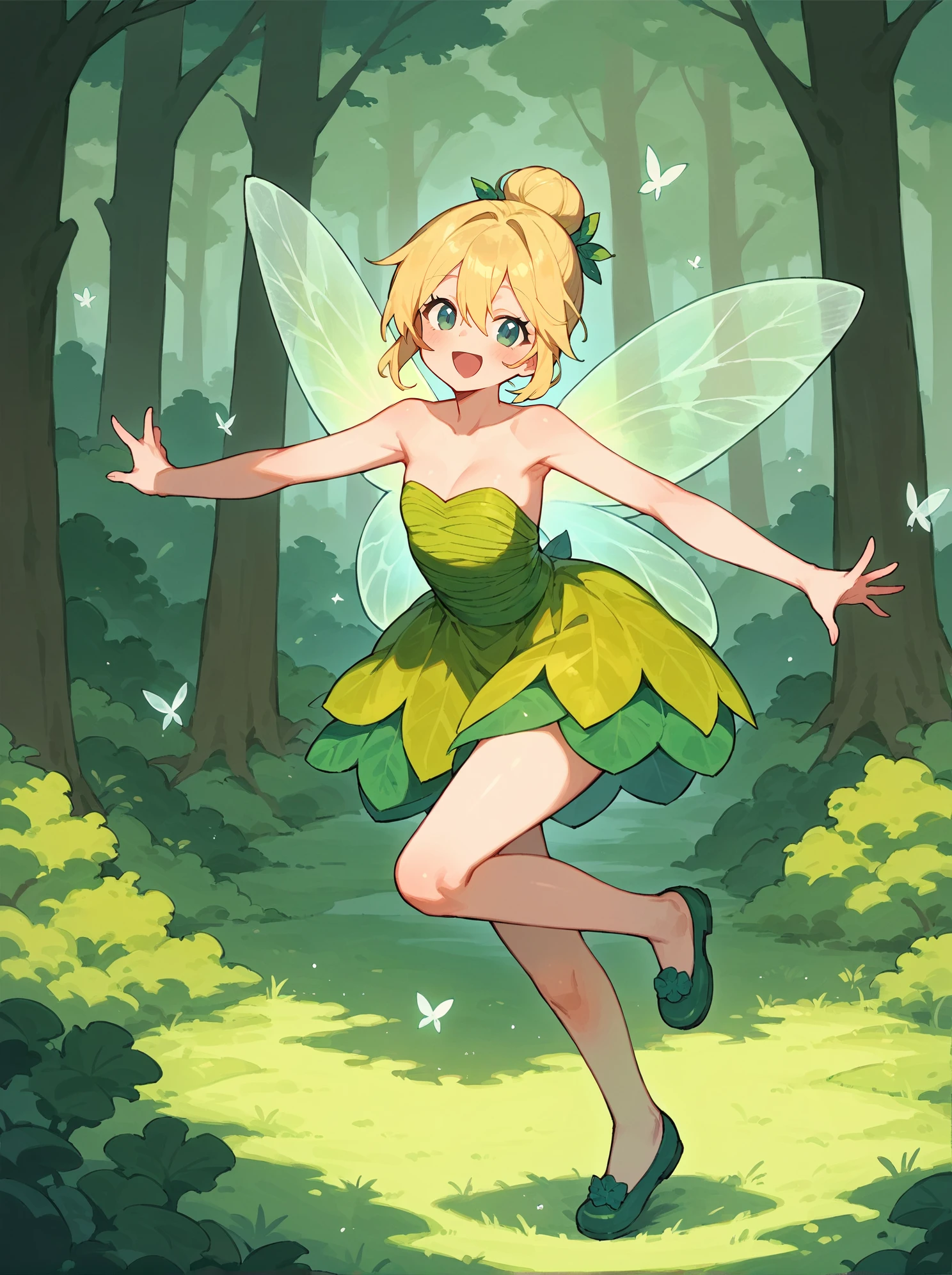 (masterpiece, best quality, high resolution:1.4), 1girl, tinker bell, short ponytail, two fairy wings, (flying:1.2),green fairy outfit ,in the cloudy sky, arms at sides, looking at viewer, colorful, high contrast <lora:TinkerBell_v1:1>