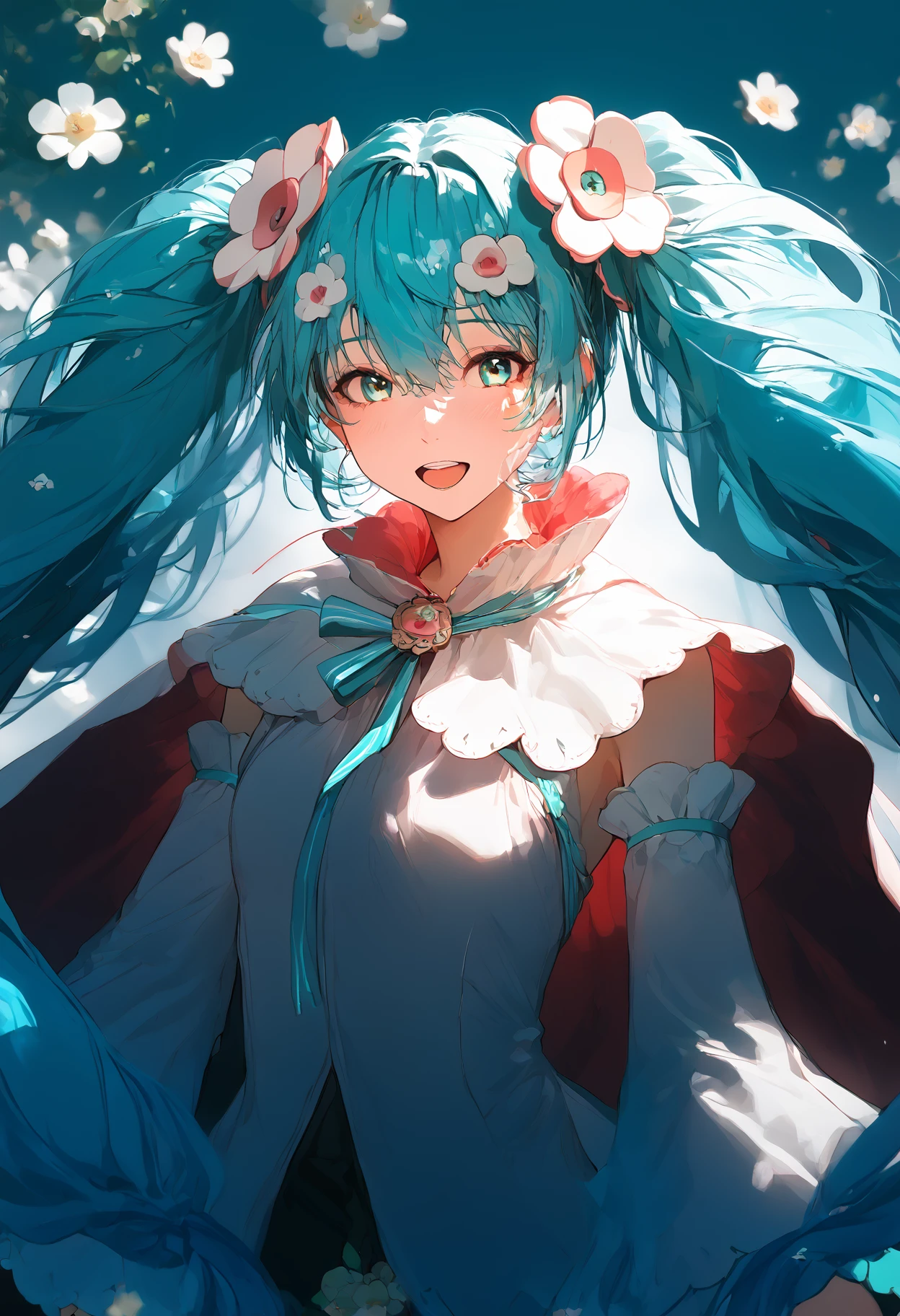 score_9,score_8_up,score_7_up,,source_anime BREAK, 1girl, solo,, MHM21, hatsune miku, hair ornament, flower, twintails, magical mirai miku, long hair, detached sleeves, open mouth, aqua hair, smile, very long hair,  wide sleeves, medallion, white sleeves, aqua ribbon, aqua eyes, cape, hair between eyes  s1_dram <lora:ãã¸ã«ã«ãã©ã¤2021:1>,<lora:S1_Dramatic_Lighting_v2:0.8>,<lora:incase_style_v3-1_ponyxl_ilff:1>