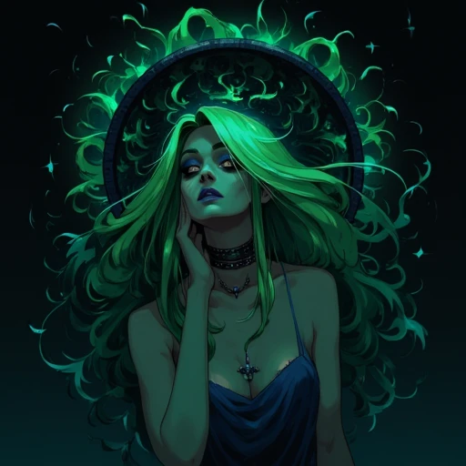 digital illustration in Neonhades style a dark, moody, and ethereal style, featuring a hauntingly beautiful woman. The artwork is rendered in a digital medium, likely using software like Adobe Photoshop or Illustrator, with a focus on vibrant, glowing, and swirling effects. The woman has long, flowing hair that appears to be made of a glowing, ethereal substance, with colors shifting between various shades of teal and green, creating a mesmerizing, almost liquid-like texture.