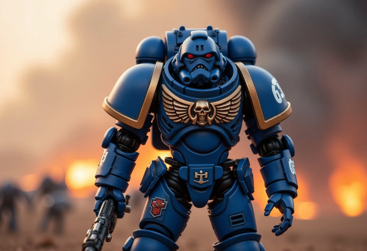 An ultramarine from warhammer 40.000. Standing with a dynamic pose. he wears a blue space marine helmet.
The background is a battlefield with explosions and smoke.