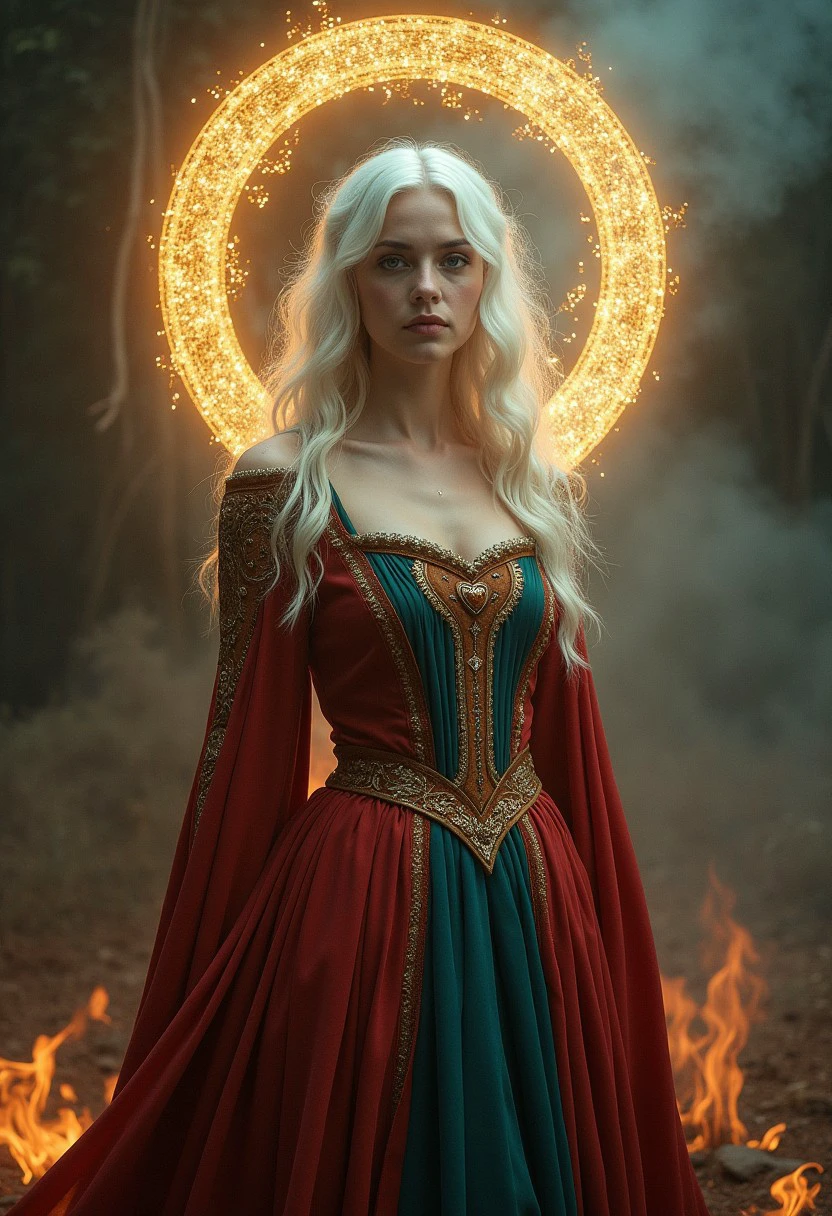 An ethereal woman with pale skin, platinum blonde hair, and piercing blue eyes stands before a glowing, ornate golden halo. She wears a flowing medieval-style red and teal gown with gold embroidery and a heart-shaped belt. The background is smoky and mystical, with swirling mist and embers, giving her a regal, otherworldly presence.