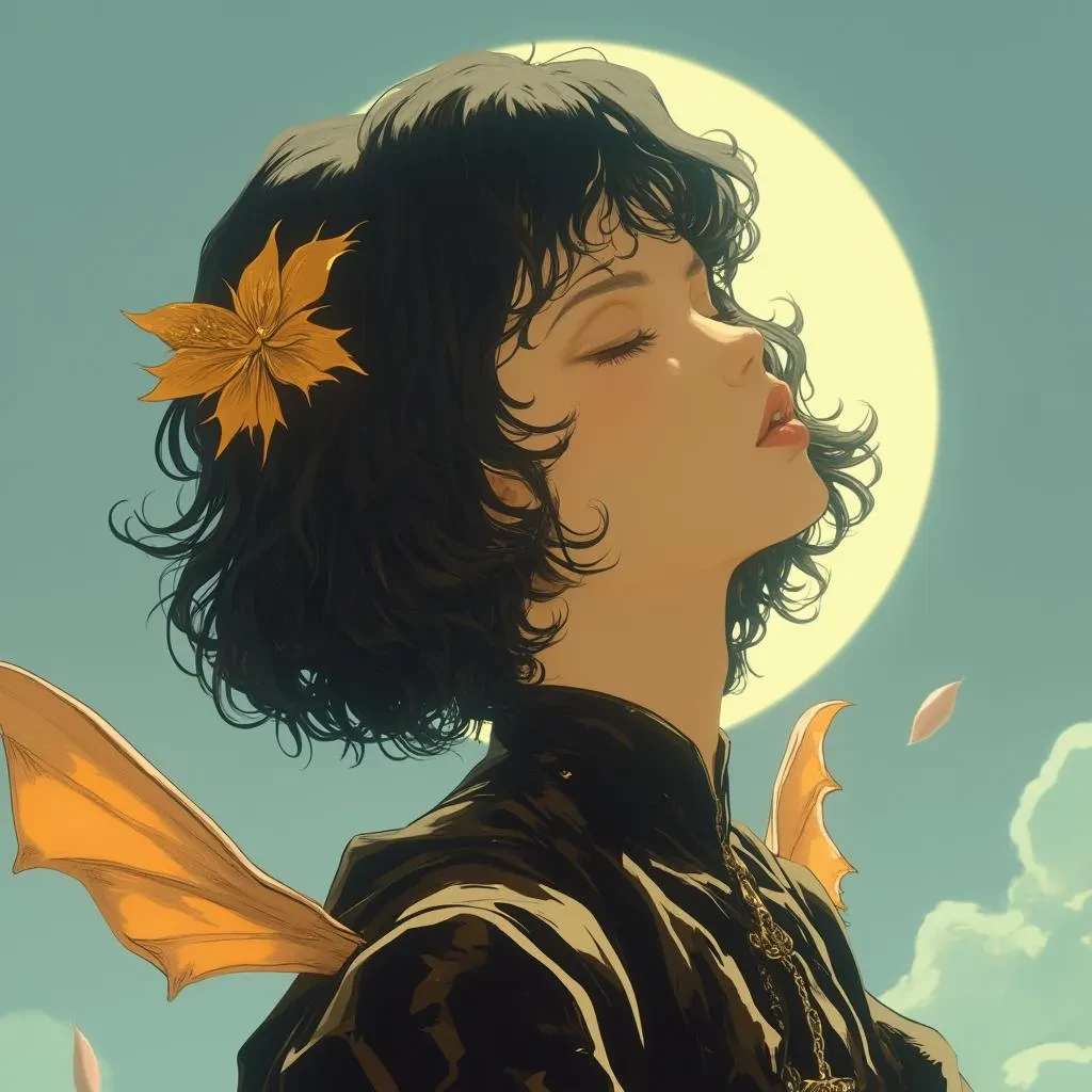 A black-haired girl with short hair stands alone in a serene portrait, her eyes closed in peaceful reflection. A delicate golden flower adorns her hair, contrasting against the bright sky and the soft half-moon in the background. Small wings extend behind her, adding to the ethereal atmosphere, as a hair ornament completes her look.