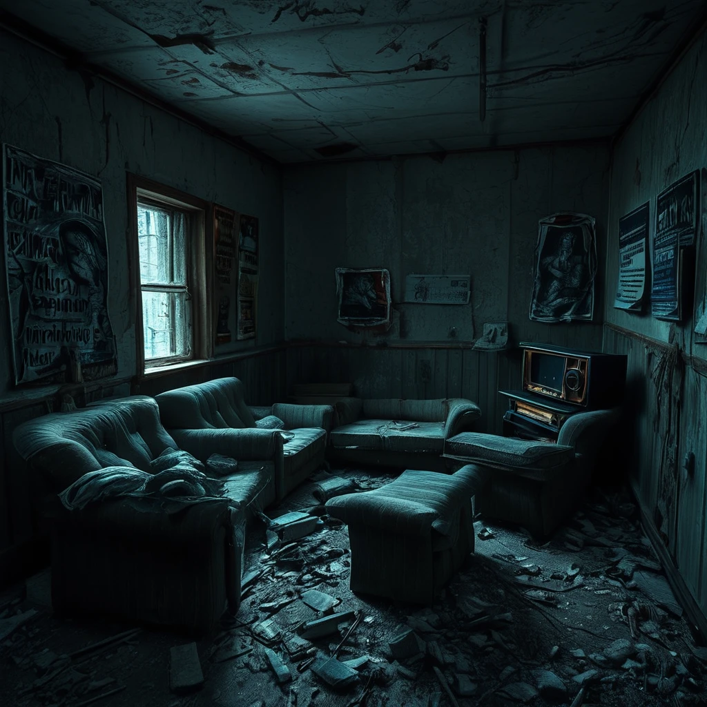 <lora:Doctor_Pollutions_Paranormal_Asylum_DX_-_Realistic_Pony_Photo:1>, docpollparan, social room, asylum, abandoned, unreal engine, 4k, masterpiece, trending on artstation