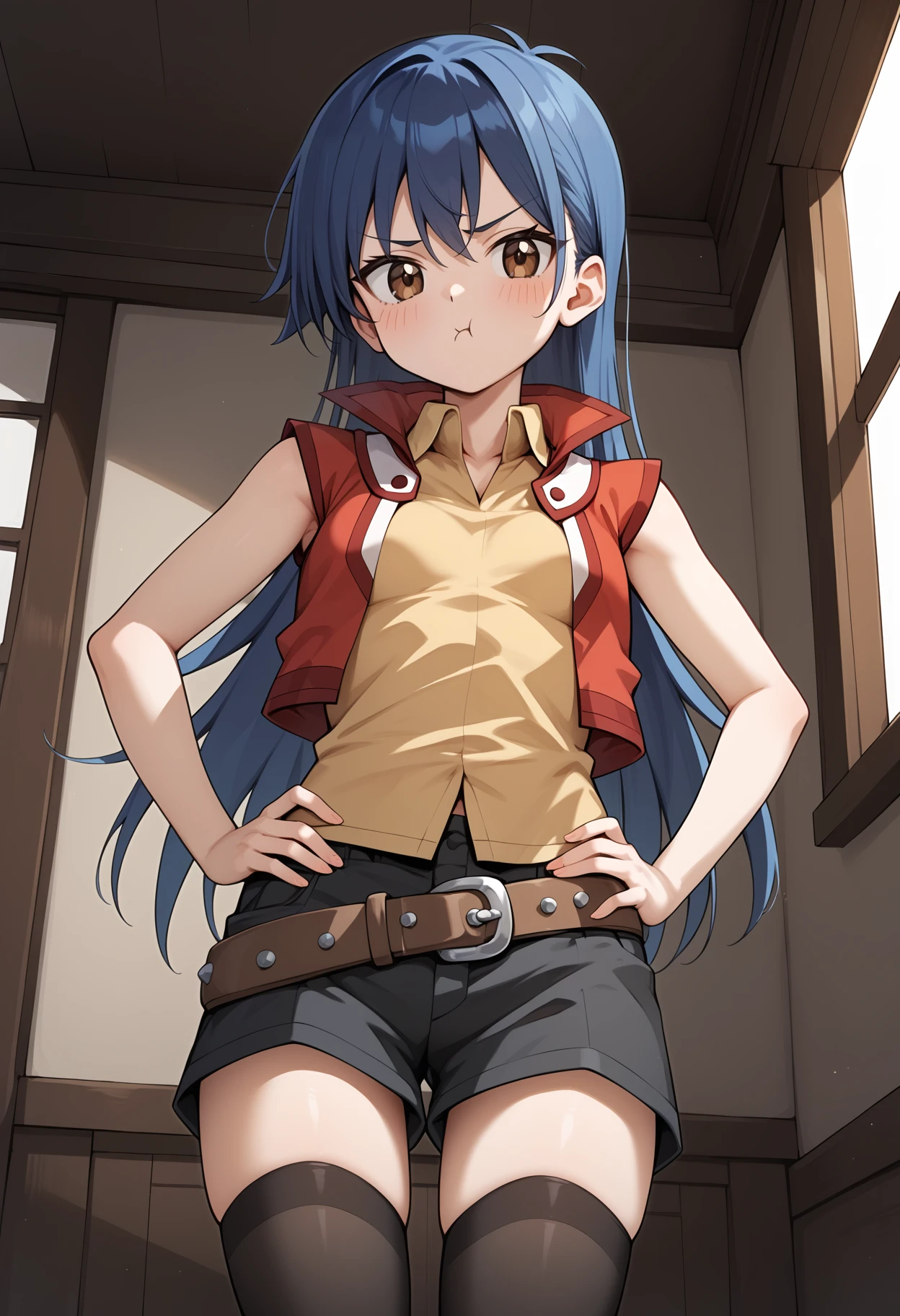 score_9, score_8_up, score_7_up, score_6_up, score_5_up, score_4_up, source_anime, aarei, long hair, blue hair, brown eyes, small breasts, collared shirt, yellow shirt, red jacket, sleeveless, belt, black shorts, black thighhighs, <lora:saotome_rei_ponyxl_v1:0.9>, indoors, hands on own hips, pout, standing, cowboy shot,