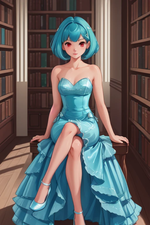 <lora:dsmermaid-20:0.6> dsmermaid, sequin dress, tulle skirt, teal hair, medium bob, red eyes, sitting in a library