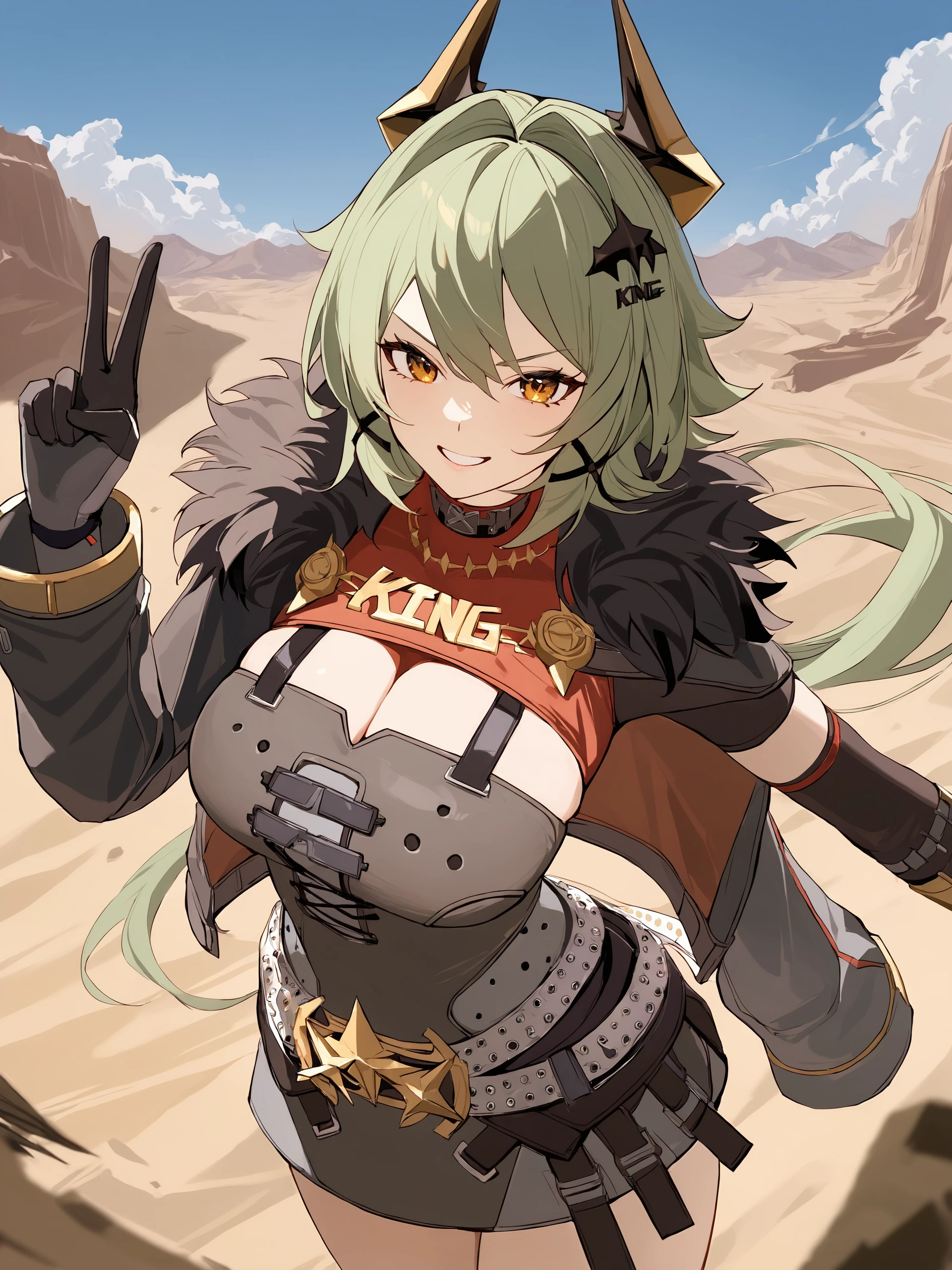 1girl, caesar king \(zenless zone zero\), horns, x hair ornament, hairclip, turtleneck sweater, mechanical arms, pencil dress, fur-trimmed jacket, arm out of sleevecowboy shot, standing, grin, v-shaped eyebrows, looking at viewer, v, floating hair, outdoors, desert <lora:Char-ZZZ-Caesar-XL-V1:0.9>,  illustration, incredibly absurdres, ultra detailed, masterpiece, best quality, [<lora:detailed_notrigger:0.95>::0.5]