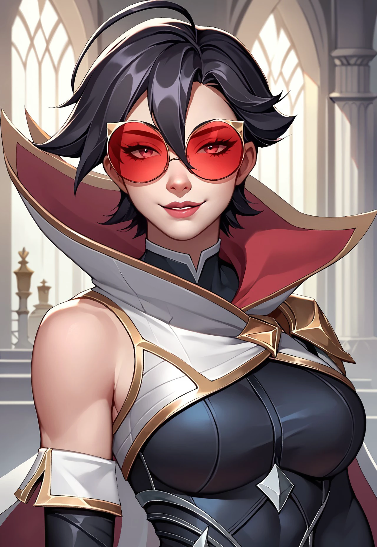 safe_pos, score_9, score_8_up, score_7_up, score_6_up, score_5_up, score_4_up, shaunavaynePony, 1girl, short hair, black hair, ahoge, hair between eyes, sunglasses, round eyewear, tinted eyewear, looking over eyewear, seductive smile, looking at viewer, toned, large breasts, (black bodysuit, detached sleeves, black elbow gloves, cape, bare shoulders), portrait shot, upper body, indoors