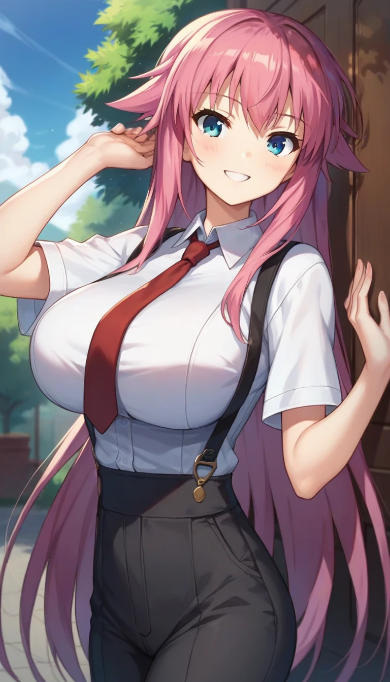 score_9,score_8_up,score_7_up,score_6_up BREAK official art,solo,outdoors,upper body,(portrait:1.5),looking at viewer,facing viewer,smile,blush,(petite:2),Aizawa Suzuka,very long hair,pink hair,sidelocks,bangs,blue eyes,suspenders,collared shirt,white shirt,red necktie,huge breasts,short sleeves,black pants,suit pants,brown footwear,<lora:Aizawa Suzuka(db)-Pony:1.4>,