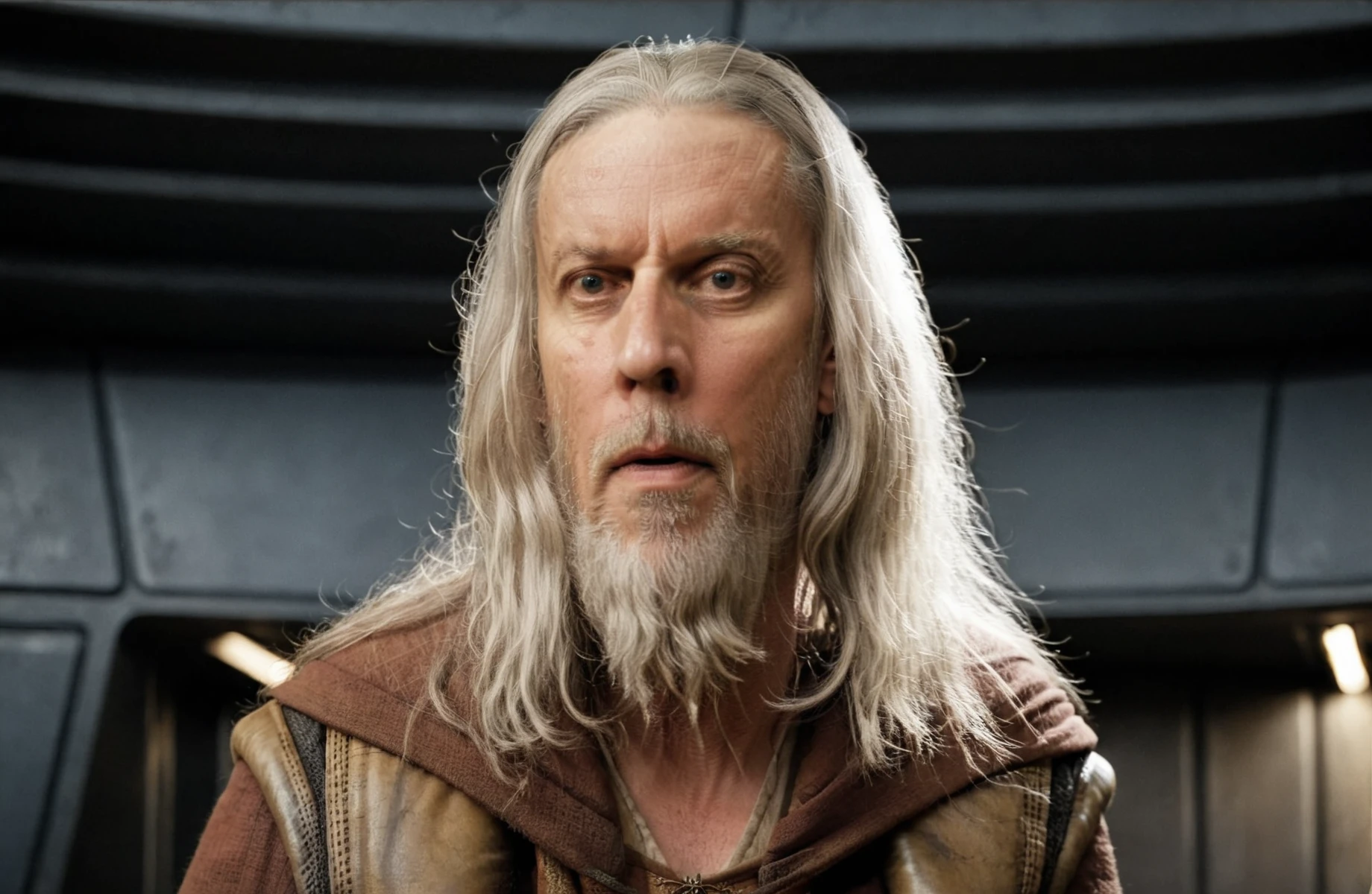 (extreme close-up1.5) shot of Jorus C'baoth  <lora:Jorus_Cbaoth:1> has long grey hair with a beard, he is wearing warm earth tone colored Jedi clothing, dynamic action pose, background of a Star Destroyer Interior <lora:Star_Destroyer_Interior:0.8> from a star wars movie, white lights in the walls, science fiction, 8k resolution, sharp focus, dark and ominous, cinematic, detailed, motion picture style, realistic, sci fi style, cinematic light, perfect color, perfect scene, shallow depth of field, vignette, highly detailed, high budget, bokeh, cinemascope, moody, epic, masterpiece, <lora:Rembrandt Lighting style v2:0.2> Rembrandt Lighting style, in the dark Low-key lighting Style <lora:Low-key lighting Style:0.2>