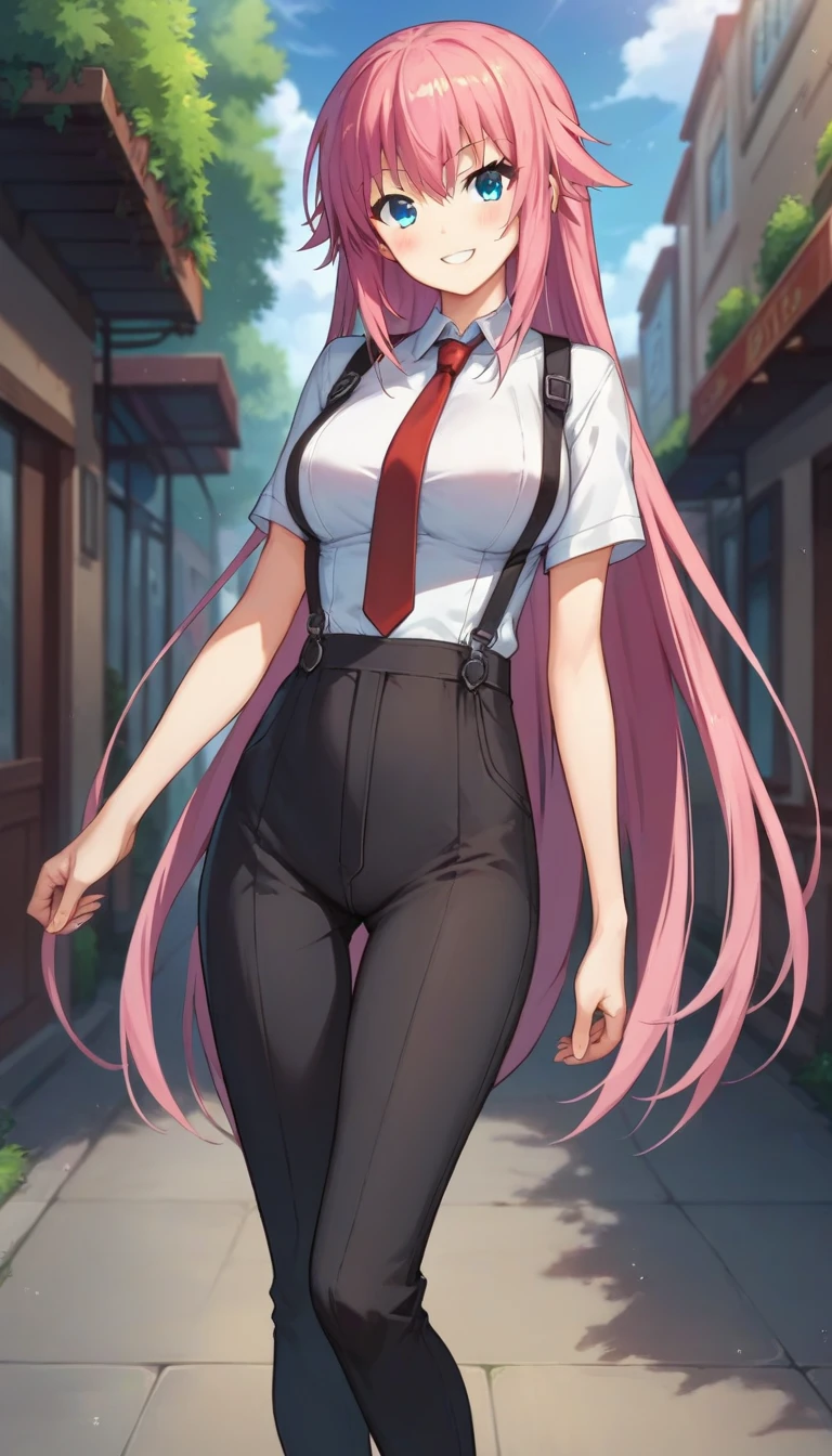 score_9,score_8_up,score_7_up,score_6_up BREAK official art,solo,outdoors,cowboy shot,looking at viewer,facing viewer,smile,blush,(petite:2),Aizawa Suzuka,very long hair,pink hair,sidelocks,bangs,blue eyes,suspenders,collared shirt,white shirt,red necktie,huge breasts,short sleeves,black pants,suit pants,brown footwear,<lora:Aizawa Suzuka(db)-Pony:1.4>,