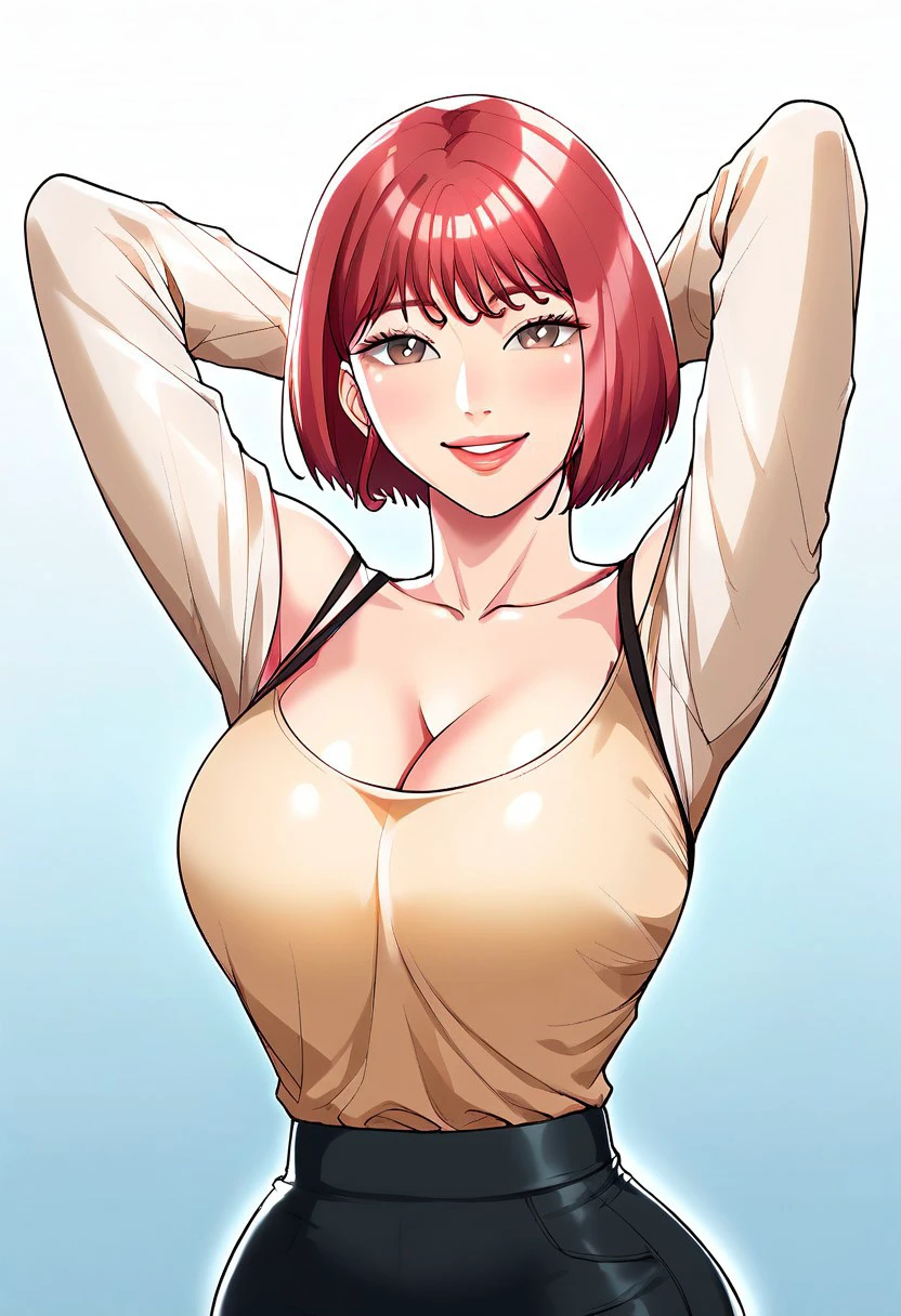 score_9, score_8_up, score_7_up, ASCII masterpiece, source_anime, BREAK, 1girl, solo, (( <lora:jung_hye-yoon:1> , jung_hye-yoon, thin waist, wide hips, beautiful skin, piercing light brown eyes, clear eyes, bright pupils, beautiful eyes, beautiful red hair, beautiful short hair, bangs, huge and shaggy breasts, natural beauty, extraordinary beautiful woman, attractive woman, super sexy woman, lustful body, sexy woman with seductive obscene body, sensual body, voluptuous body, sexy beauty, no piercings, no piercing, )) , ((off-shoulder long-sleeves yellow top, black bra straps, obscene cleavage, huge cleavage, black pencil skirt, )) , looking at viewer, sexy pose, cowboy shot, seducative smile, sexy, hands behind head,