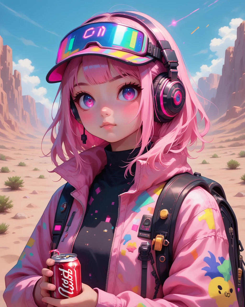 (score_9,score_8_up,score_7_up,score_6_up), high quality, masterpiece, 8k, highres, detailed, pixiv, hyper detailed, harajuku fasion, futuristic fashion, anime girl, headphone, colorful reflective fabric inner, transparent PVC jacket, backpack, Pink theme, desert, upper body, Dutch angle, holding soft drink, cola, visor, headphones, can,  <lora:NeoNiKawaiiCS:0.8> kawaii cyberpunk, kawaii cyberpunk style, vibrant, pastel color palette, dynamic hair design, kawaii clothing style, tech-inspired accessories, glowing effects, kawaii aesthetic, chibi aesthetic, whimsical floating objects, popping visual effects, fantasy elements, detailed accessories