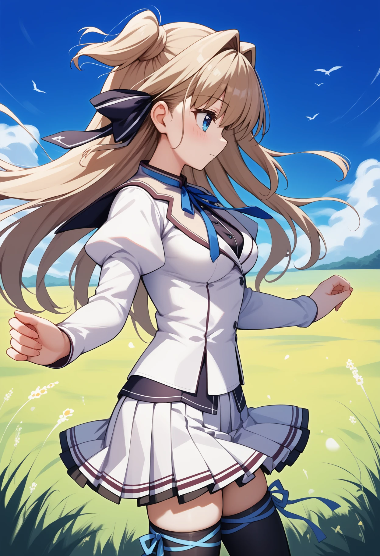 score_9, score_8_up, score_7_up, score_6_up, score_5_up, score_4_up, source_anime, aaairi, long hair, brown hair, two side up, hair ribbon, blue eyes, breasts, school uniform, neck ribbon, white jacket, long sleeves, white skirt, thigh ribbon, black thighhighs, <lora:sena_airi_ponyxl_v1:0.9>, from side, wind, field, looking at another, standing, cowboy shot, solo