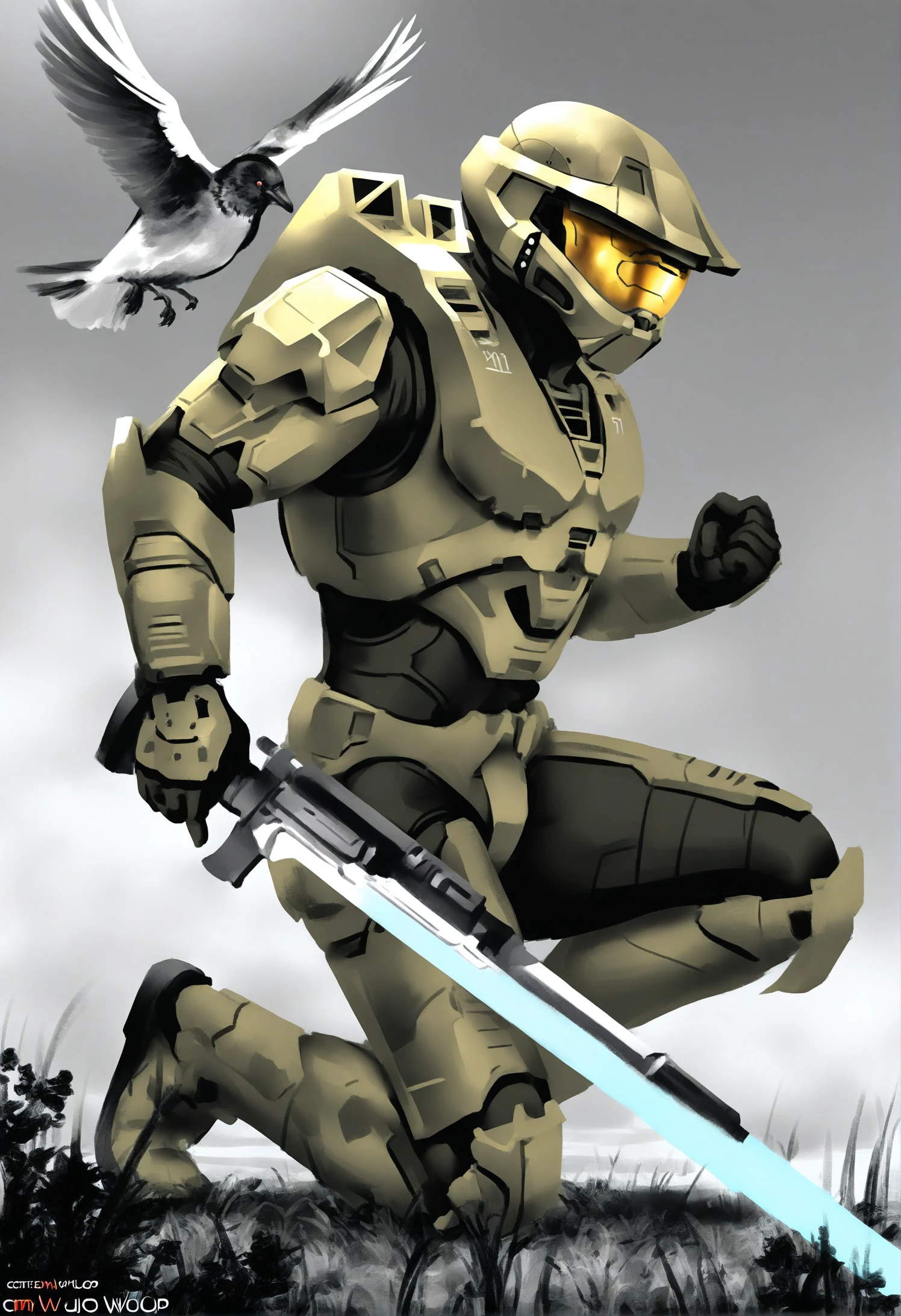 1boy, male focus, master chief, 
wlop, jafet meza, 
realistic, armor, artist name, assault visor, bird, dual wielding, full armor, full body, grass, greyscale, helmet, holding, holding sword, holding weapon, monochrome, solo, spartan, (halo:1.1), spot color, sword, weapon, series reserve 2017, on one knee, power armor, grey background, standing, energy blade, science fiction, looking at viewer, outdoors, clenched hand, from side, gun, signature, gloves,
An illustration of Master Chief in his iconic green suit and helmet. he is crouching down on the ground with a large machine gun in his hands. the sky is cloudy and there are several birds flying around him, some of which appear to be attacking him. the background shows a barren landscape with mountains in the distance. the overall mood of the image is tense and action-packed.
masterpiece, best quality, absurdres, commentary, highres
 <lora:Master_Chief_IllustriousXL-000050:1>