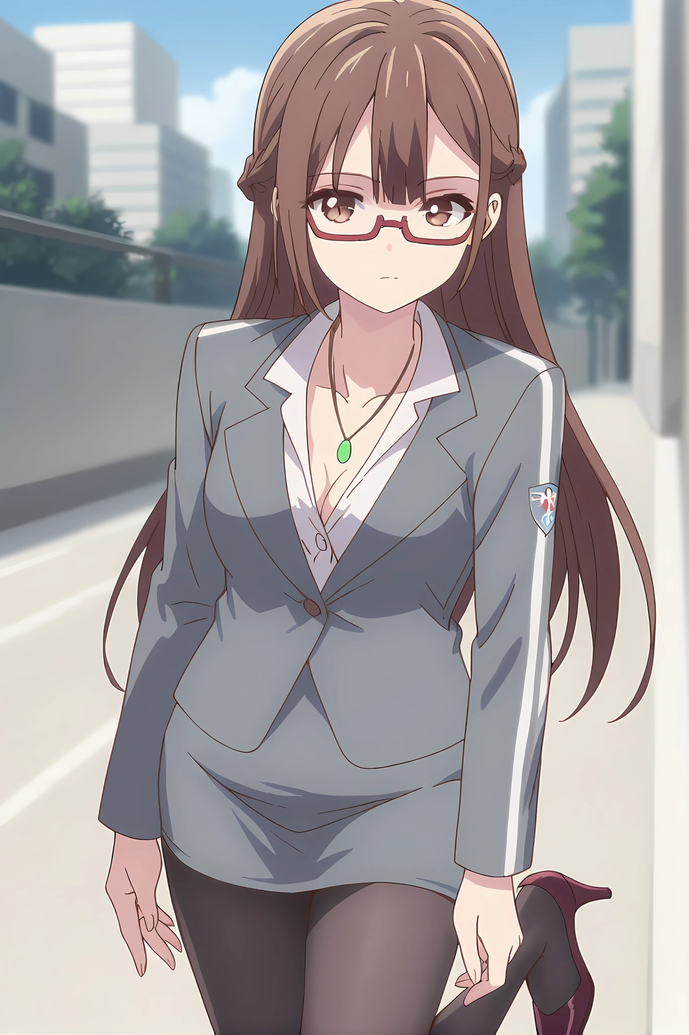 (grey jacket white shirt pencil skirt black pantyhose high heels:1.30), gg-miranda, necklace, brown hair, brown eyes, red glasses, medium breasts, 1girl, solo, skinny, score_9, score_8_up, score_8, score_7_up, score_7, score_6_up, score_6, score_5_up, score_5, source_anime, blush, outdoors, (straight-on:1.20), (:1.20), , <lora:gg-miranda-V01-000003:1.00>